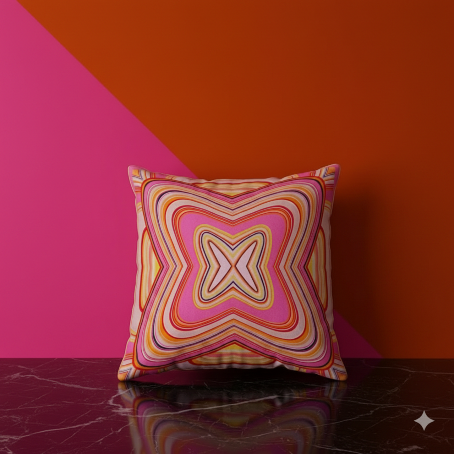 Housse de coussin Trianon – face soie 100% imprimé psychédélique géométrique rose, orange et blanc, biais en or, 50x50 cm – Amour de Pin-up Paris