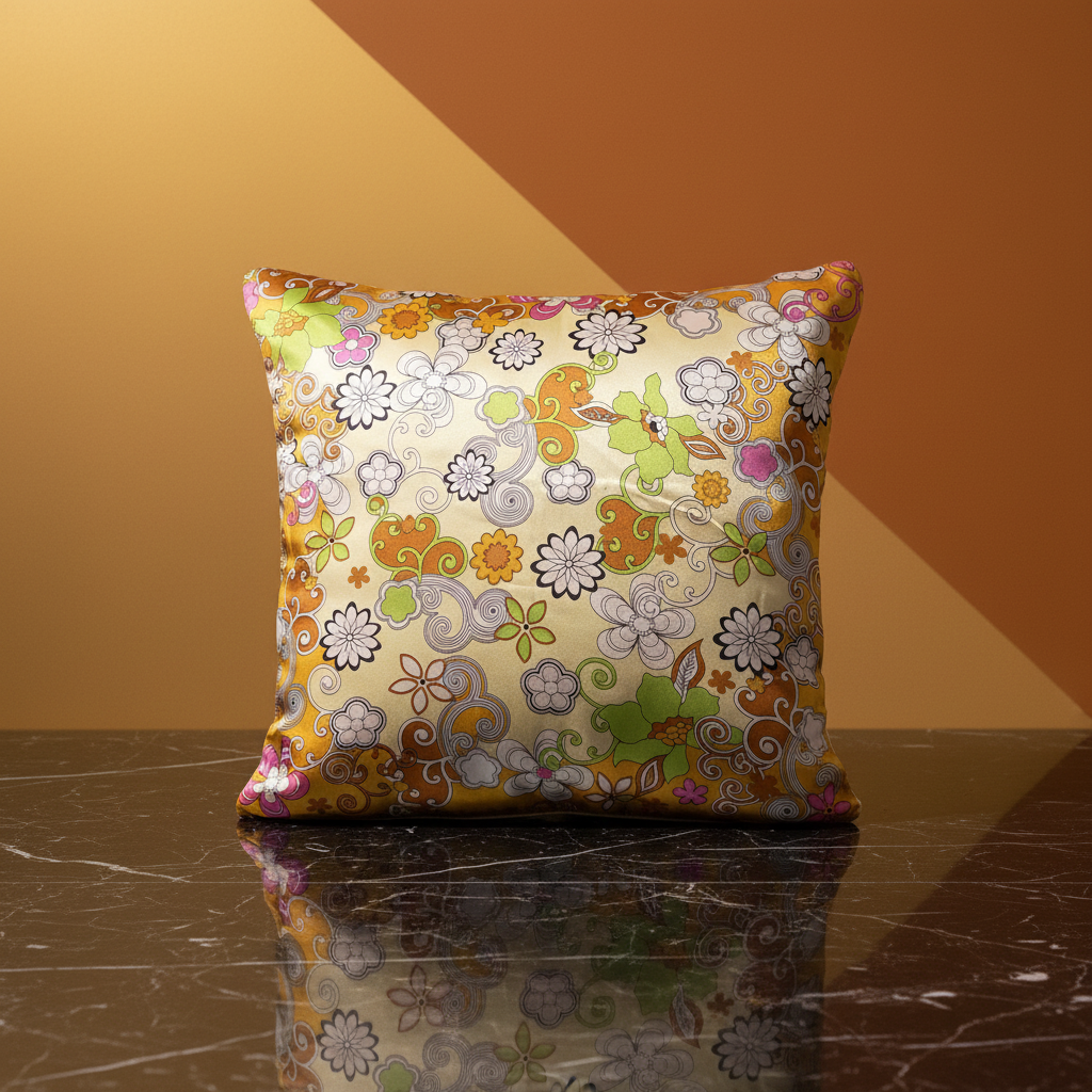 Housse de coussin Aléon – face soie 100% imprimé floral tourbillonnant jaune, orange et vert, biais en or, 50x50 cm – Amour de Pin-up Paris