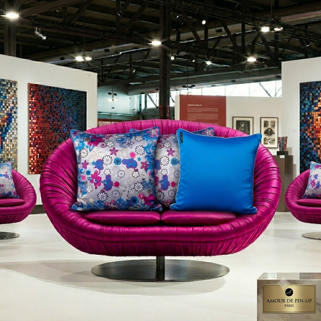 Housse de coussin Aléon – mise en scène canapé fuchsia, imprimé floral tourbillonnant bleu et rose, soie 100%, biais en or – Amour de Pin-up Paris
