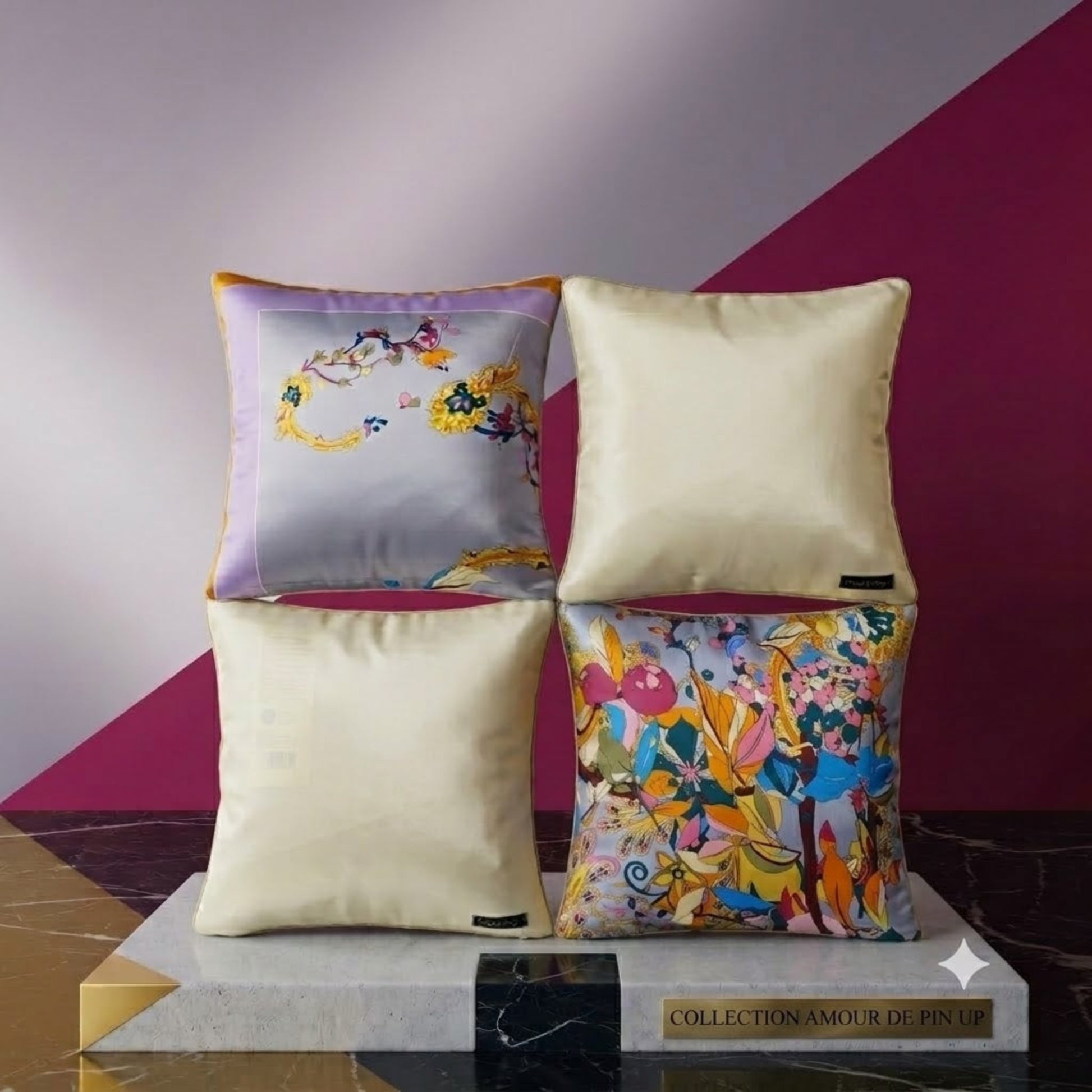 Ensemble de coussins Majesté gris – recto motif floral tons pastel et verso uni ivoire, The Sari Collection – Amour de Pin-up Paris
