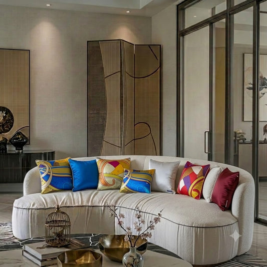 Housses de coussin en soie Vendôme – collection Amour de Pin-up Paris, motifs Art Déco bleu, jaune et rouge sur fauteuil élégant