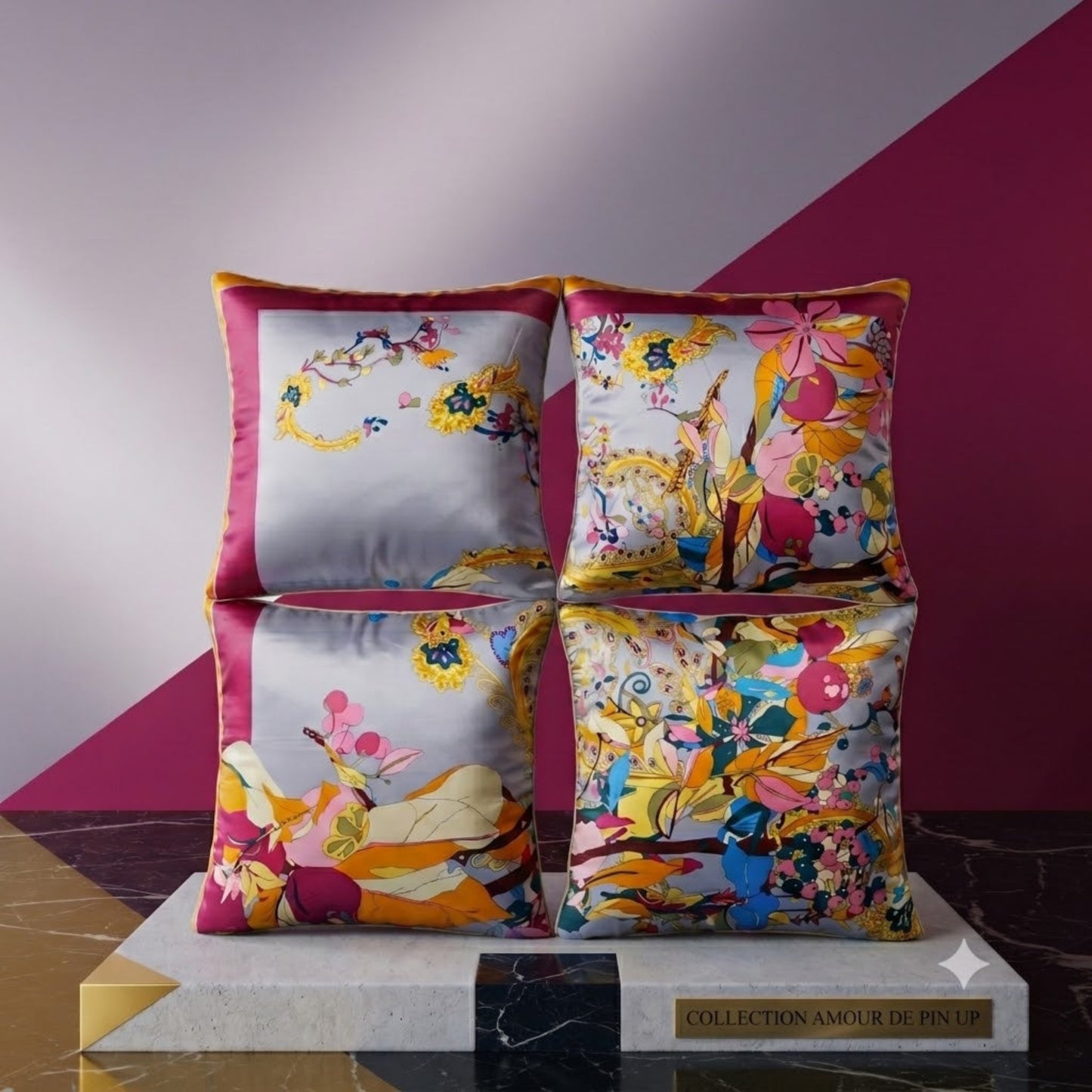 Ensemble de coussins Majesté gris – verso uni ivoire, biais fuchsia et or, 4 housses soie 40x40 – Amour de Pin-up Paris