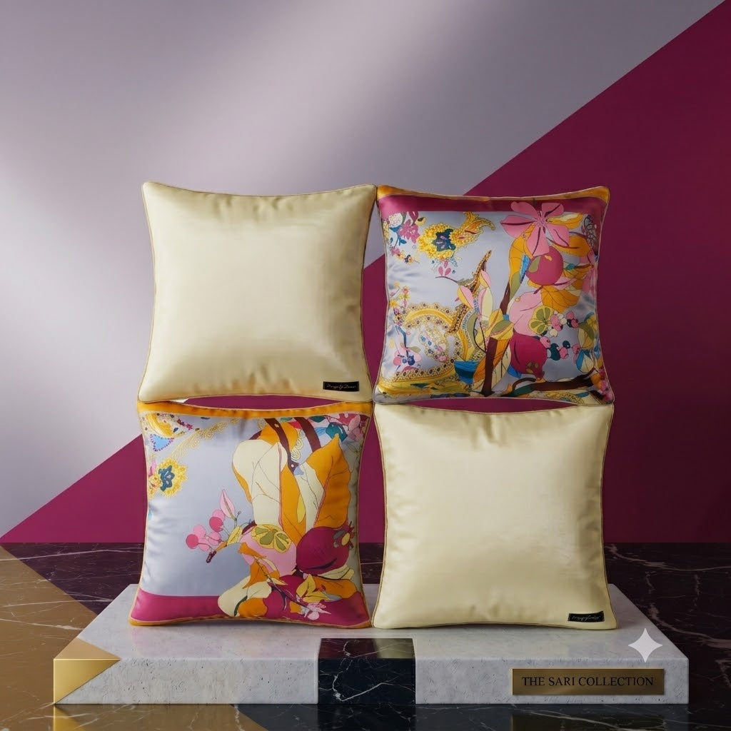 Ensemble de coussins Majesté gris – 4 housses soie, verso uni ivoire et recto floral multicolore, biais or – Amour de Pin-up Paris