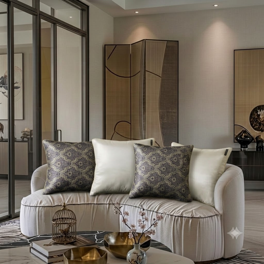 Housse de Coussin Valroy en soie, imprimé paisley baroque beige et noir, mise en scène salon luxe — Amour de Pin-up Paris