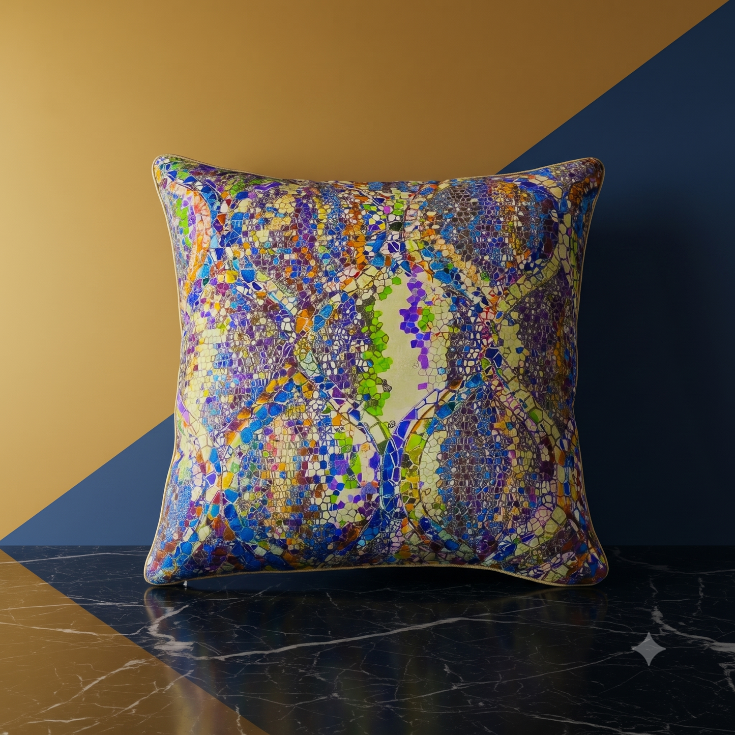 Housse de coussin en soie Régence bleu – motif mosaïque psychédélique multicolore, mise en scène sur marbre – Amour de Pin-up Paris