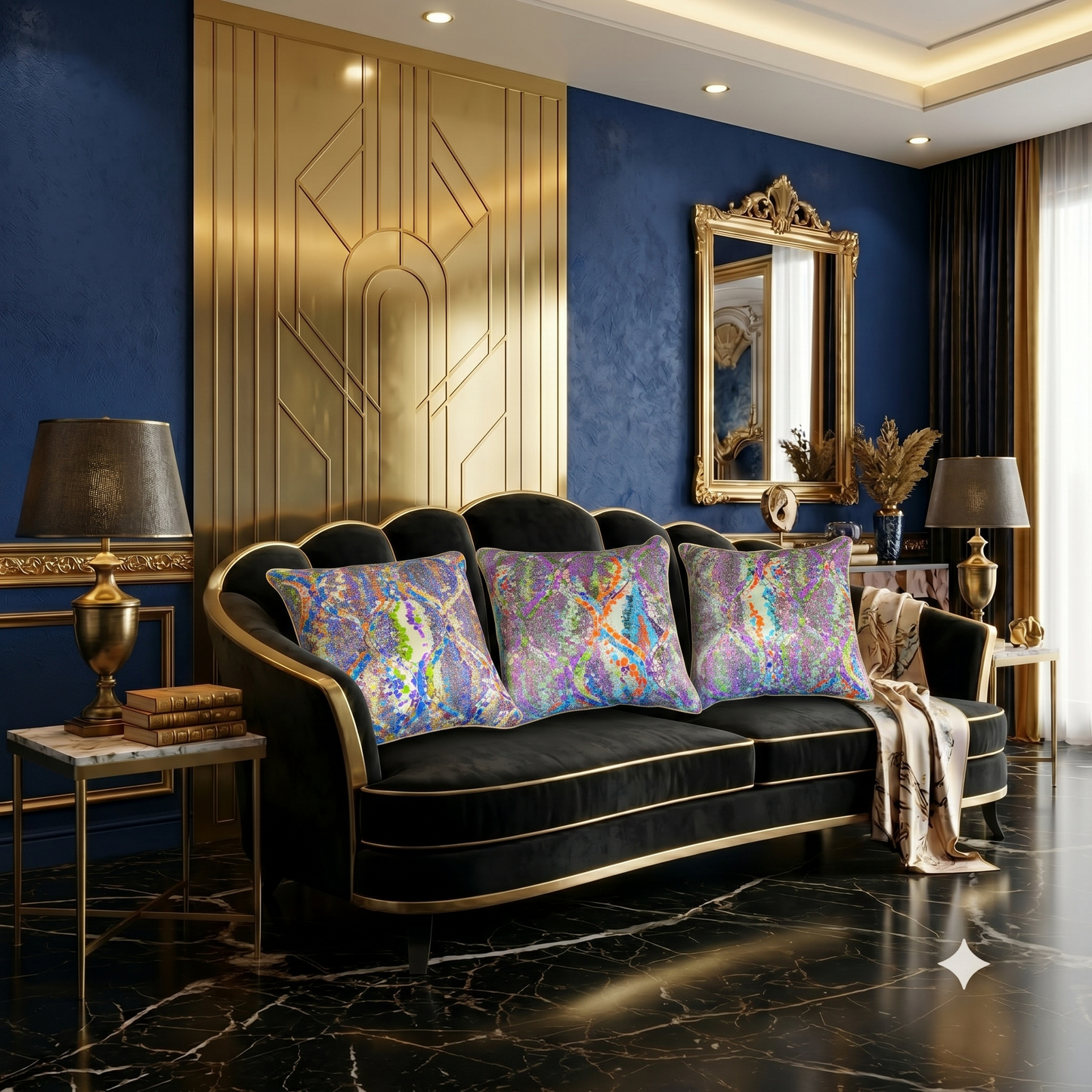 Housses de coussin en soie Régence – collection mosaïque multicolore Amour de Pin-up Paris, sur fauteuil

