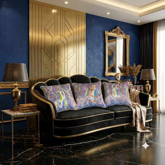 Housses de coussin en soie Régence – collection mosaïque multicolore Amour de Pin-up Paris, sur fauteuil

