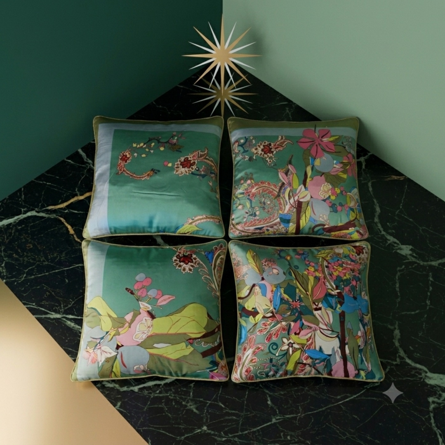 Ensemble de coussins Majesté vert – 4 housses soie, motif floral exotique fond vert, biais en or, marbre noir – Amour de Pin-up Paris