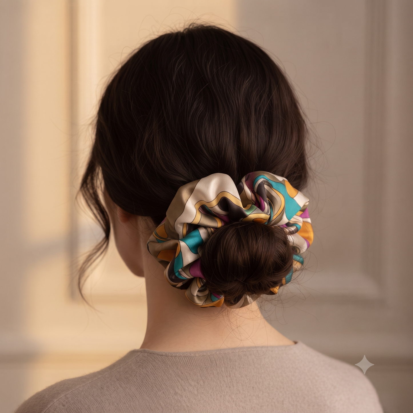 Chou chou Tahiti vert porté – élastique à cheveux en satin de soie 100%, imprimé exclusif vert, jaune et rose, chignon élégant – Amour de Pin-up Paris
