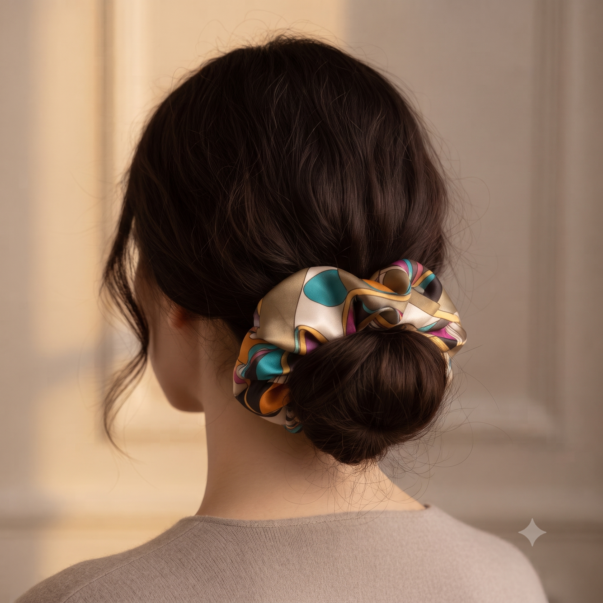 Chou chou Tahiti orange porté – élastique à cheveux en satin de soie 100%, imprimé exclusif turquoise, or et orange, chignon élégant – Amour de Pin-up Paris

