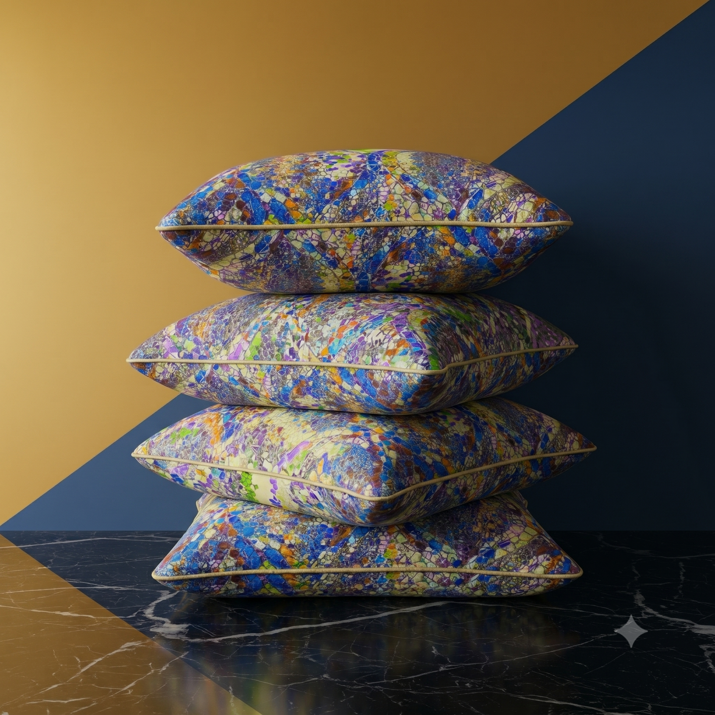 Housses de coussin en soie Régence – coussins superposés, motif mosaïque multicolore violet – Amour de Pin-up Paris