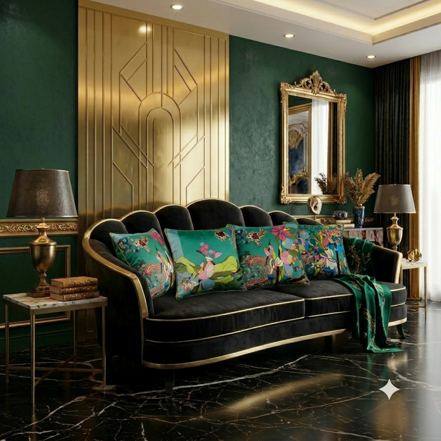 Ensemble de coussins Majesté vert – mise en scène salon luxe vert et or, motif floral exotique multicolore – Amour de Pin-up Paris
