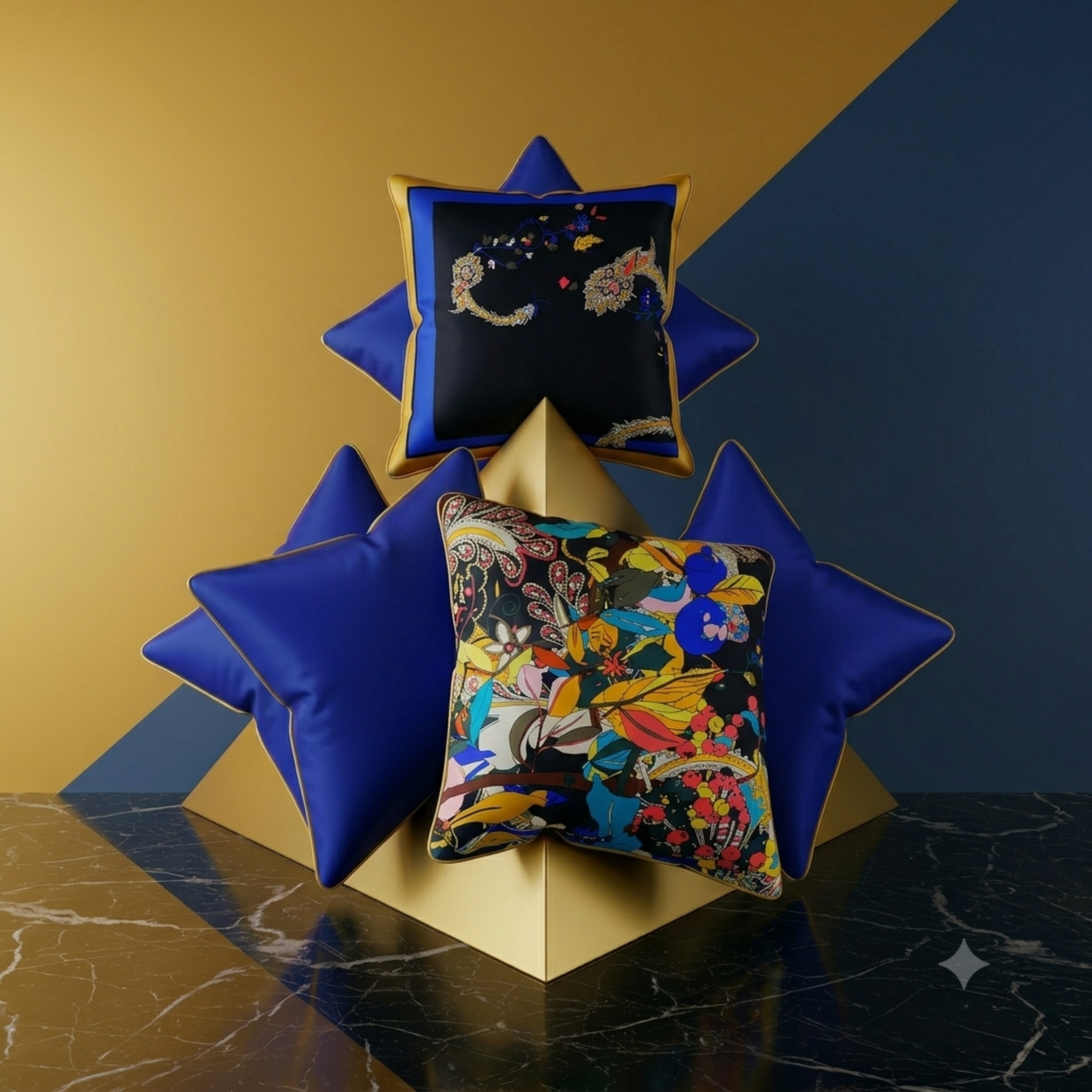 nsemble de coussins Majesté noir – mise en scène luxe sur présentoir doré, motif floral exotique et verso bleu nuit, biais en or – Amour de Pin-up Paris