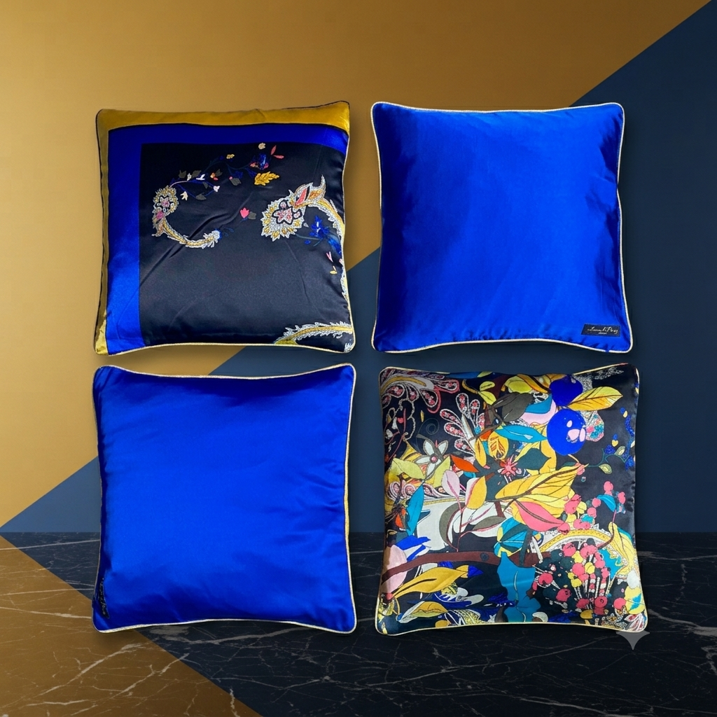 Ensemble de coussins Majesté noir – recto motif floral exotique fond noir et verso bleu roi, biais en or, 40x40 cm – Amour de Pin-up Paris