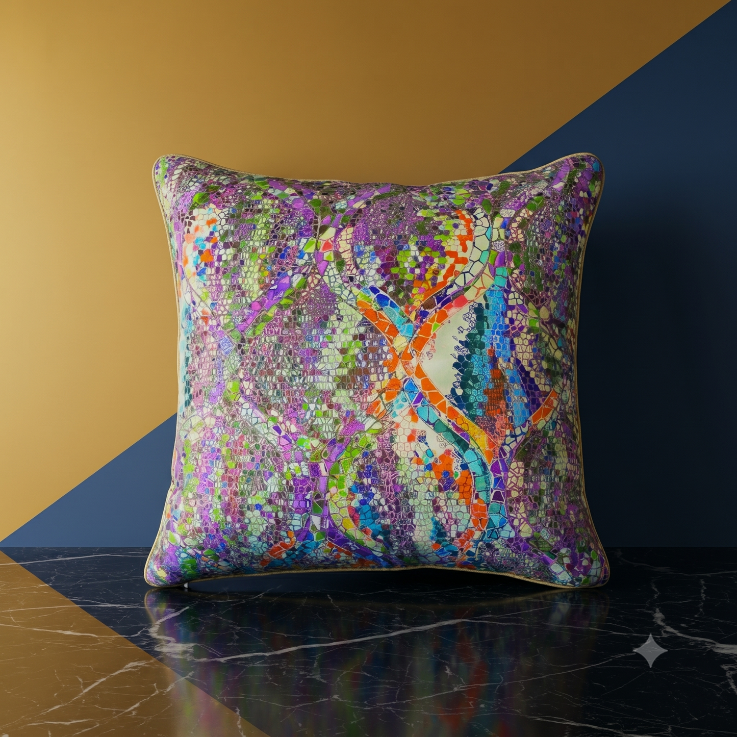 Housse de coussin en soie Régence bleu – motif mosaïque psychédélique multicolore – Amour de Pin-up Paris