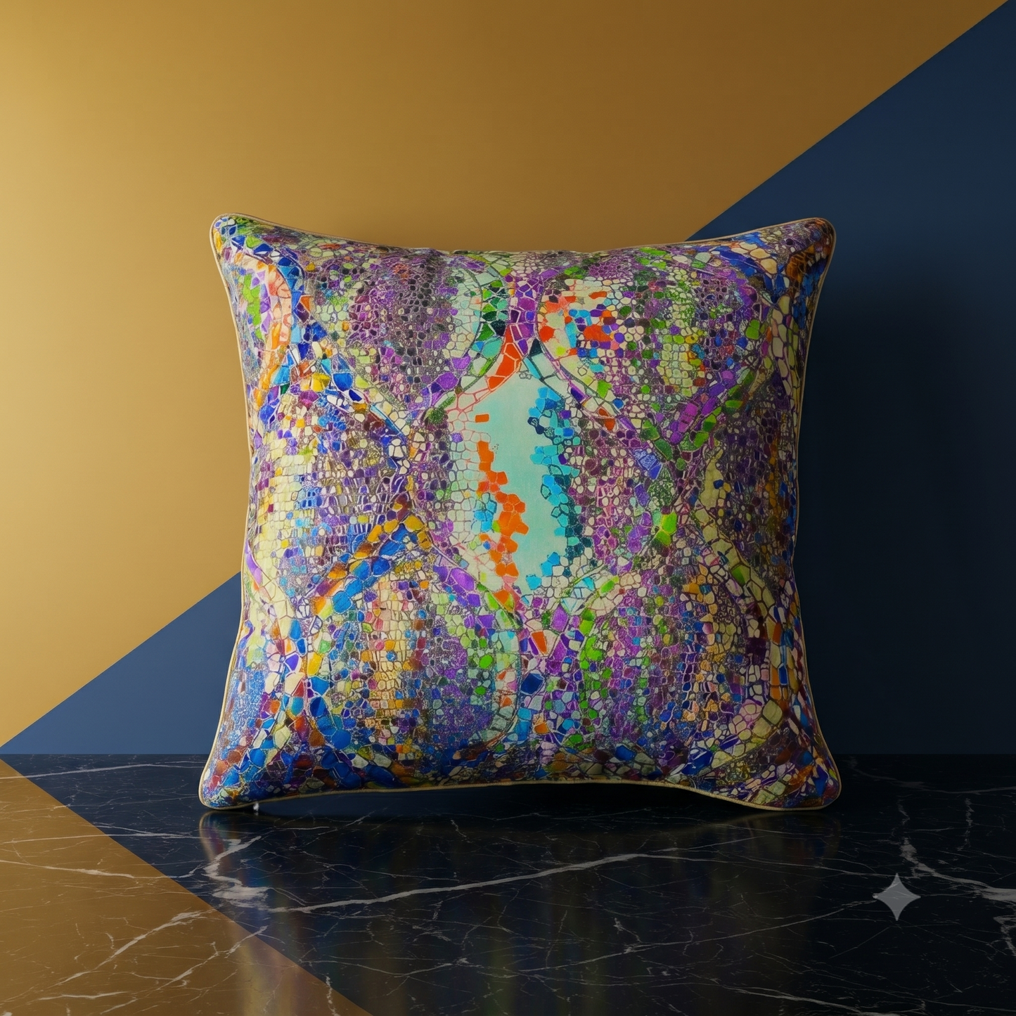 Housse de coussin en soie Régence violet – motif mosaïque psychédélique multicolore, mise en scène sur marbre – Amour de Pin-up Paris
