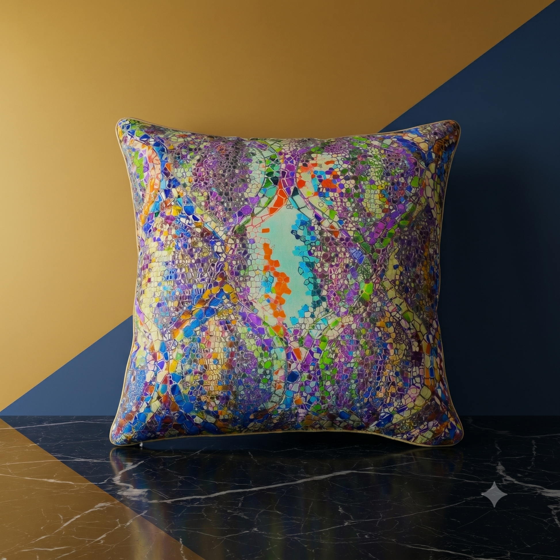 Housse de coussin en soie Régence violet – motif mosaïque psychédélique multicolore, mise en scène sur marbre – Amour de Pin-up Paris