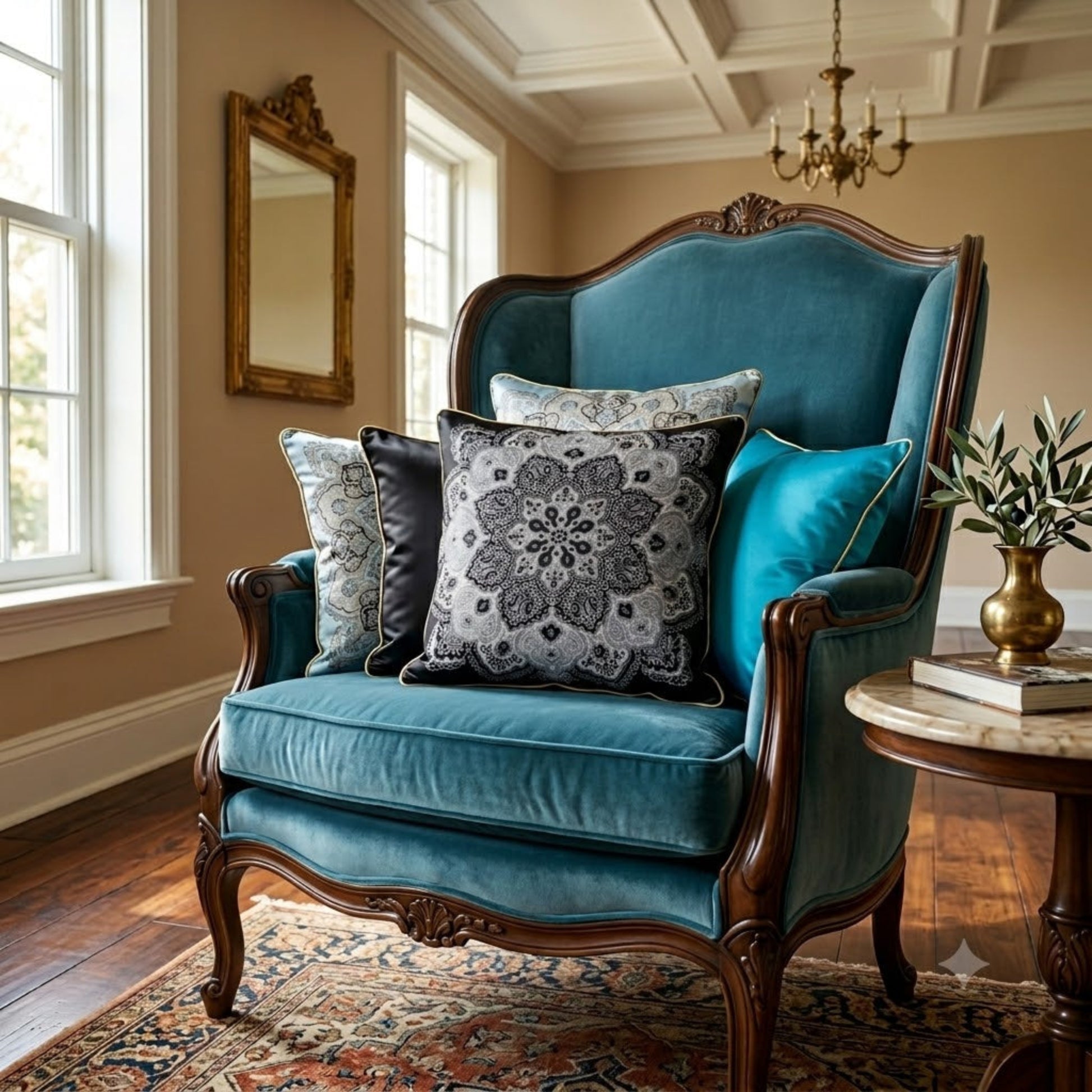 Housse de coussin Lysor – mise en scène fauteuil Louis XV bleu canard, imprimé mandala paisley, soie 100%, biais en or – Amour de Pin-up Paris
