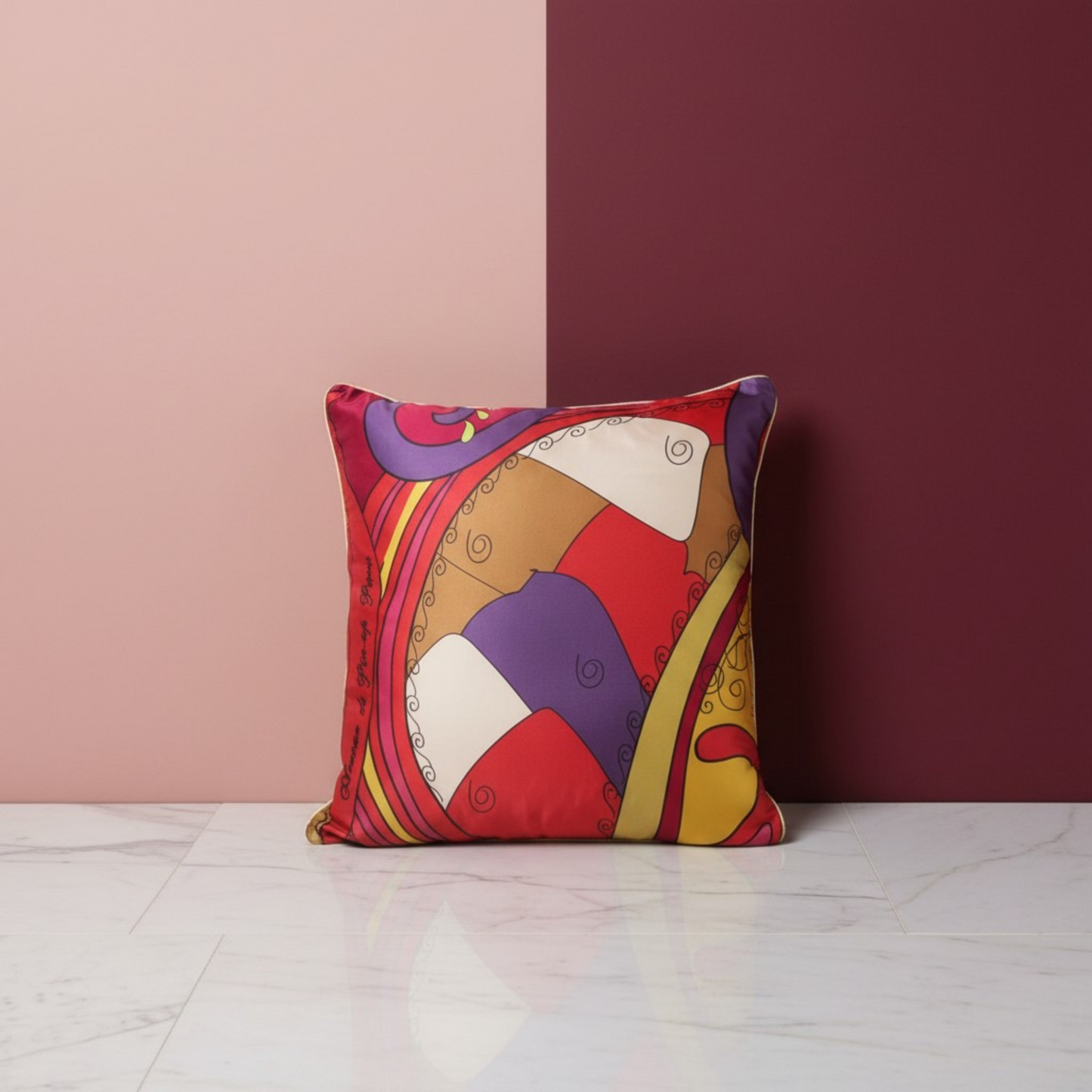 Housse de coussin en soie Vendôme rouge – motif Art Déco arabesques dorées – Amour de Pin-up Paris