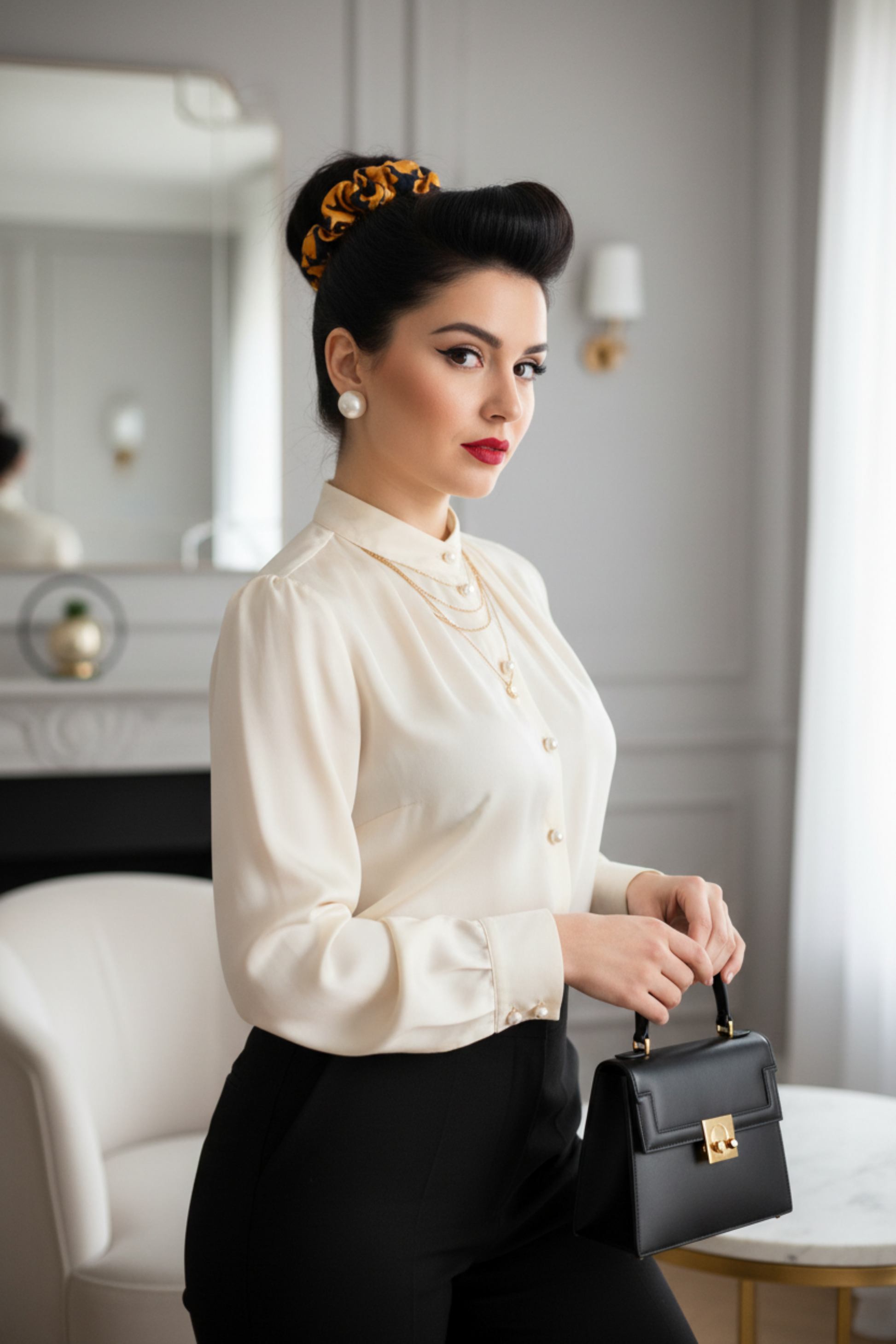 Femme portant un chou chou Hawaï en satin de soie 100% coloris Ocre/Noir — Amour de Pin-up Paris
