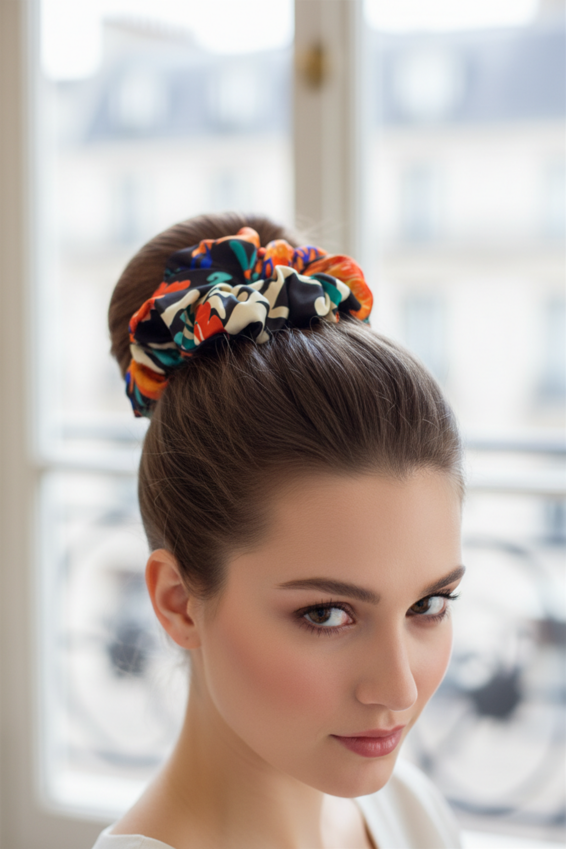 Chou chou Florida noir – satin de soie 100% imprimé exclusif, porté dans les cheveux, style chic parisien – Amour de Pin-up Paris
