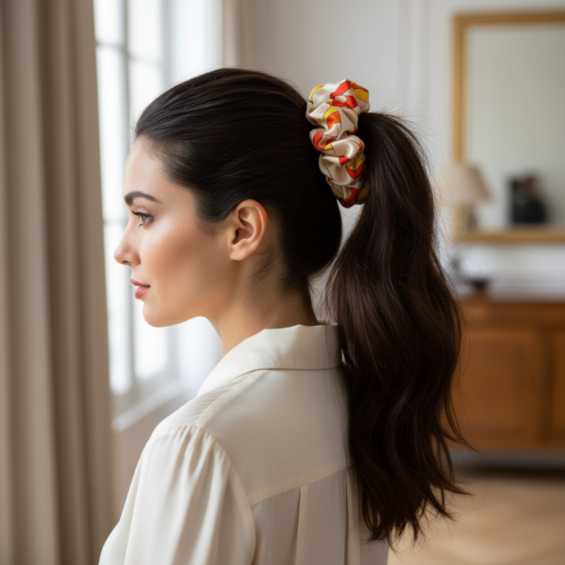 Chou chou Acapulco beige porté – élastique à cheveux en satin de soie 100%, imprimé crème, rouge et jaune, coiffure chic parisienne – Amour de Pin-up Paris

