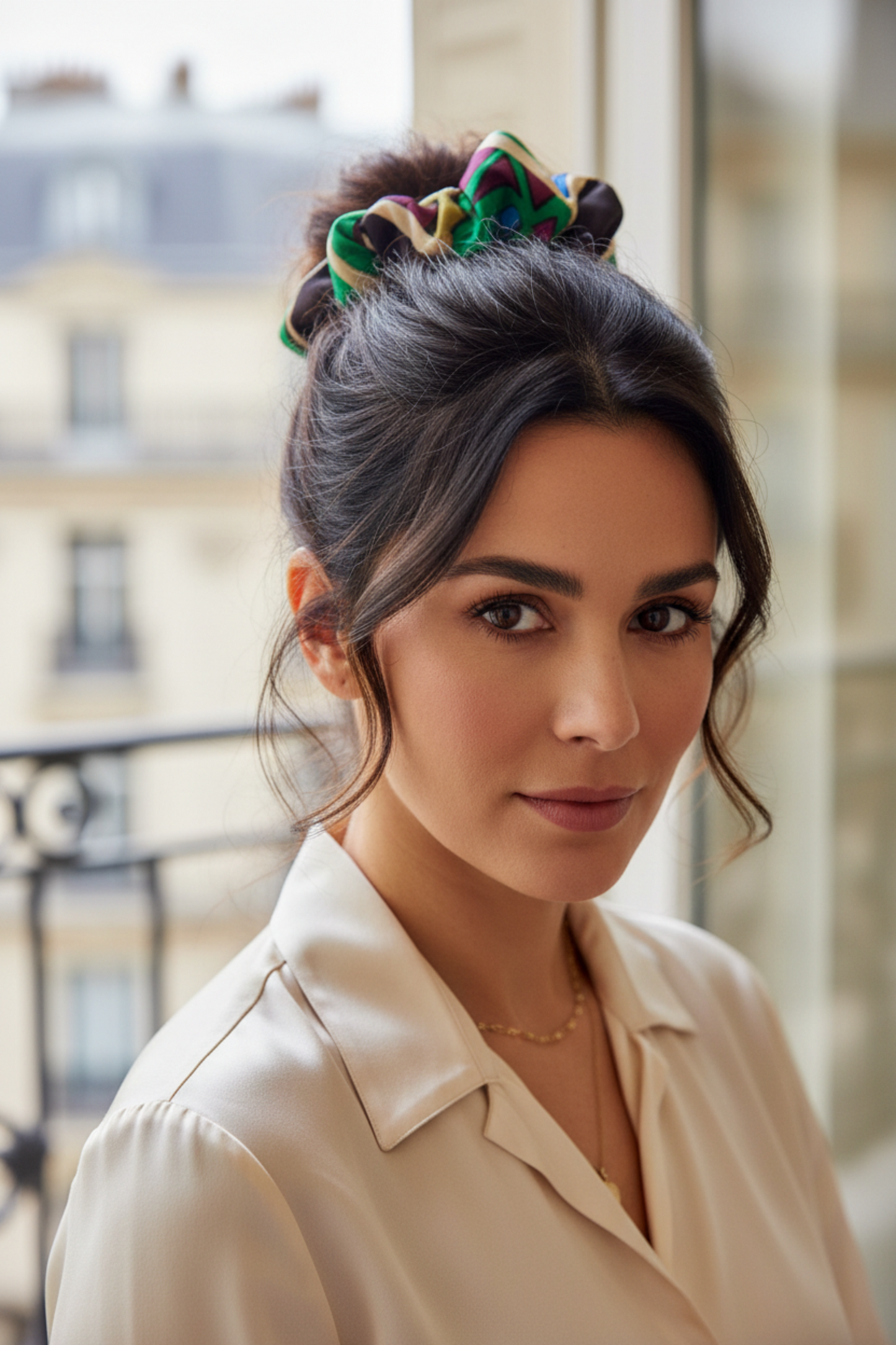 Chou chou Miami beige – satin de soie 100% imprimé exclusif, porté dans les cheveux, style chic – Amour de Pin-up Paris
