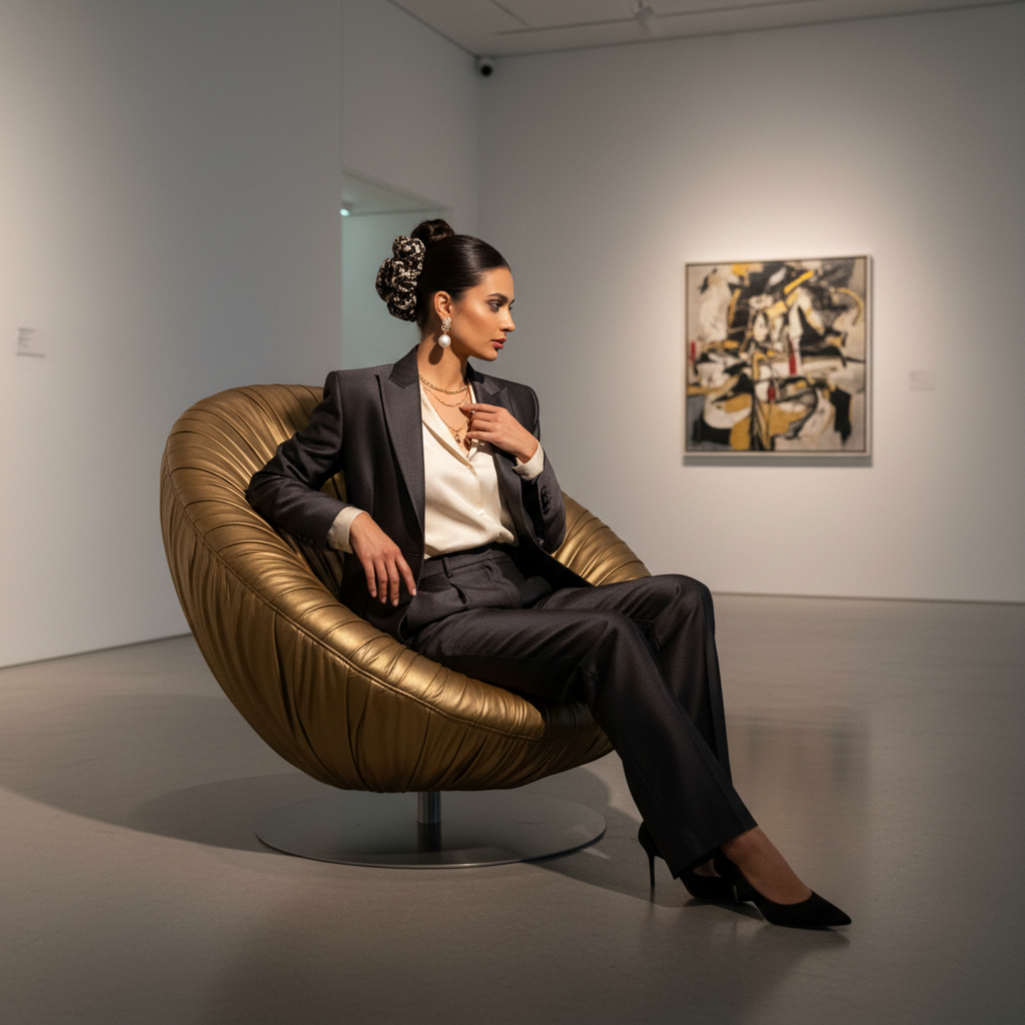 Chou chou Beverly Hills noir porté – élastique à cheveux en satin de soie 100%, imprimé floral noir et blanc, femme élégante sur fauteuil doré – Amour de Pin-up Paris
