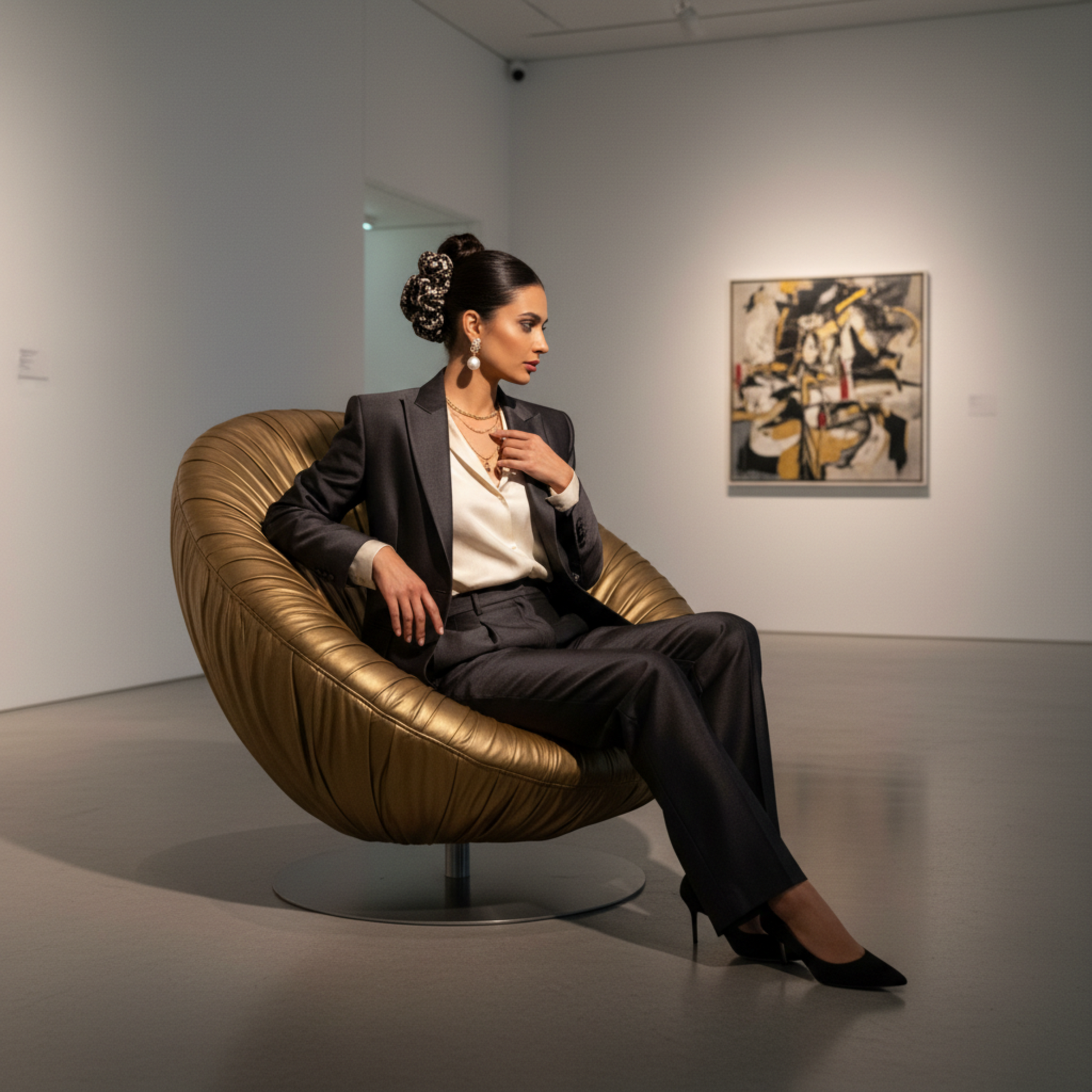 Chou chou Beverly Hills noir porté – élastique à cheveux en satin de soie 100%, imprimé floral noir et blanc, femme élégante sur fauteuil doré – Amour de Pin-up Paris
