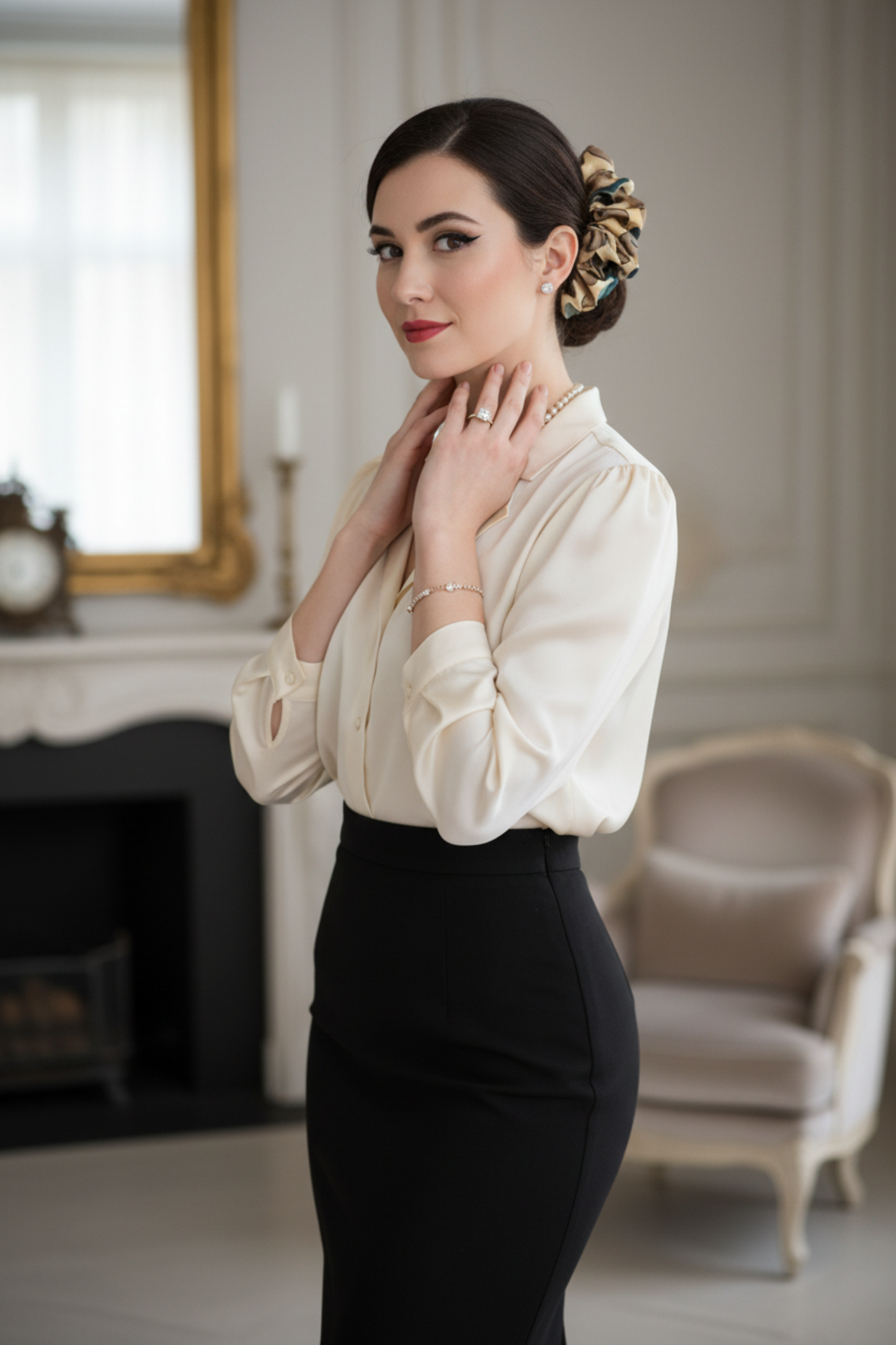 Femme portant un chou chou Hawaï en satin de soie 100% coloris Beige/Choco — Amour de Pin-up Paris
