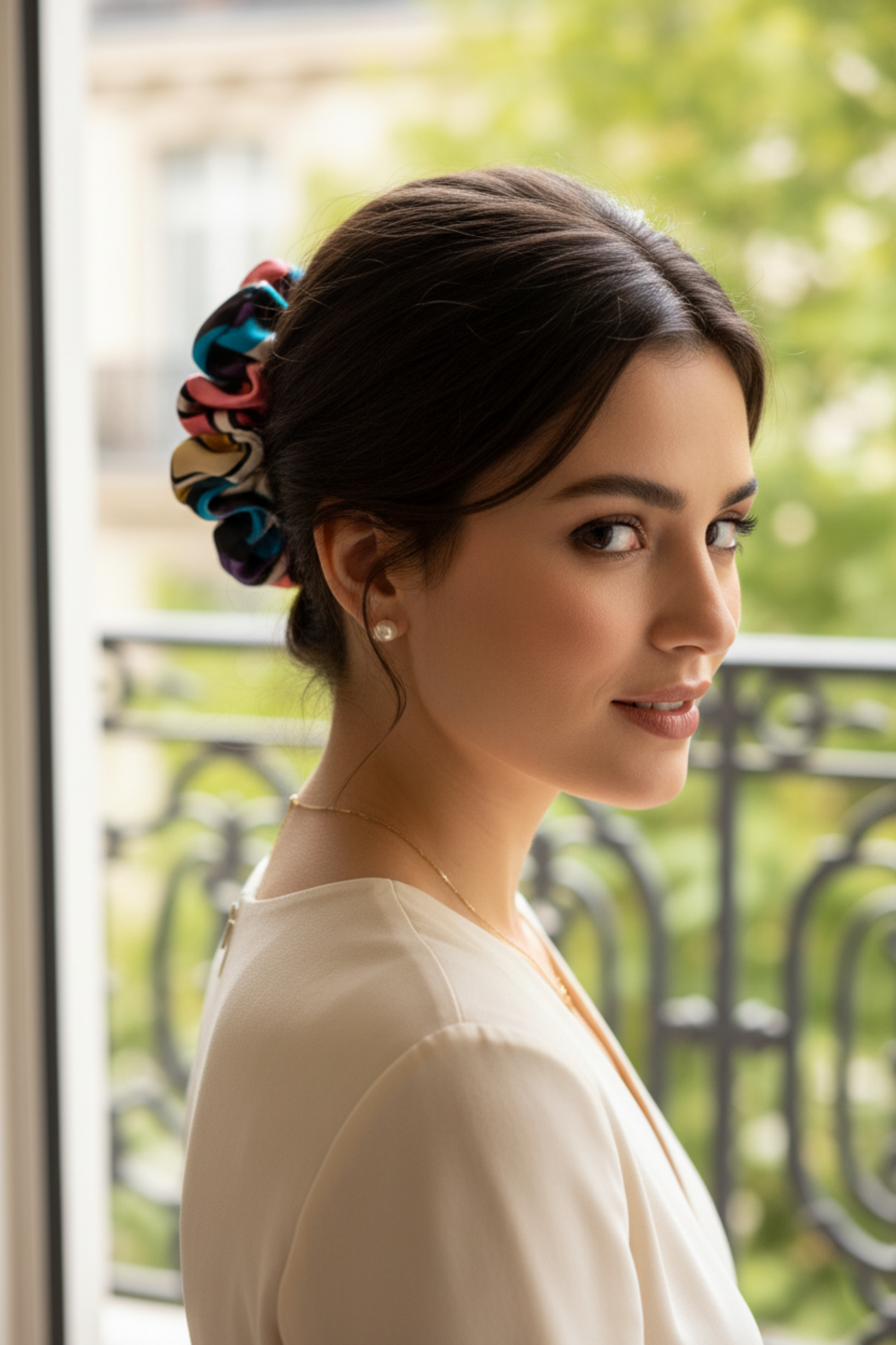 Chou chou Miami vert – satin de soie 100% imprimé exclusif, porté dans les cheveux, style chic – Amour de Pin-up Paris
