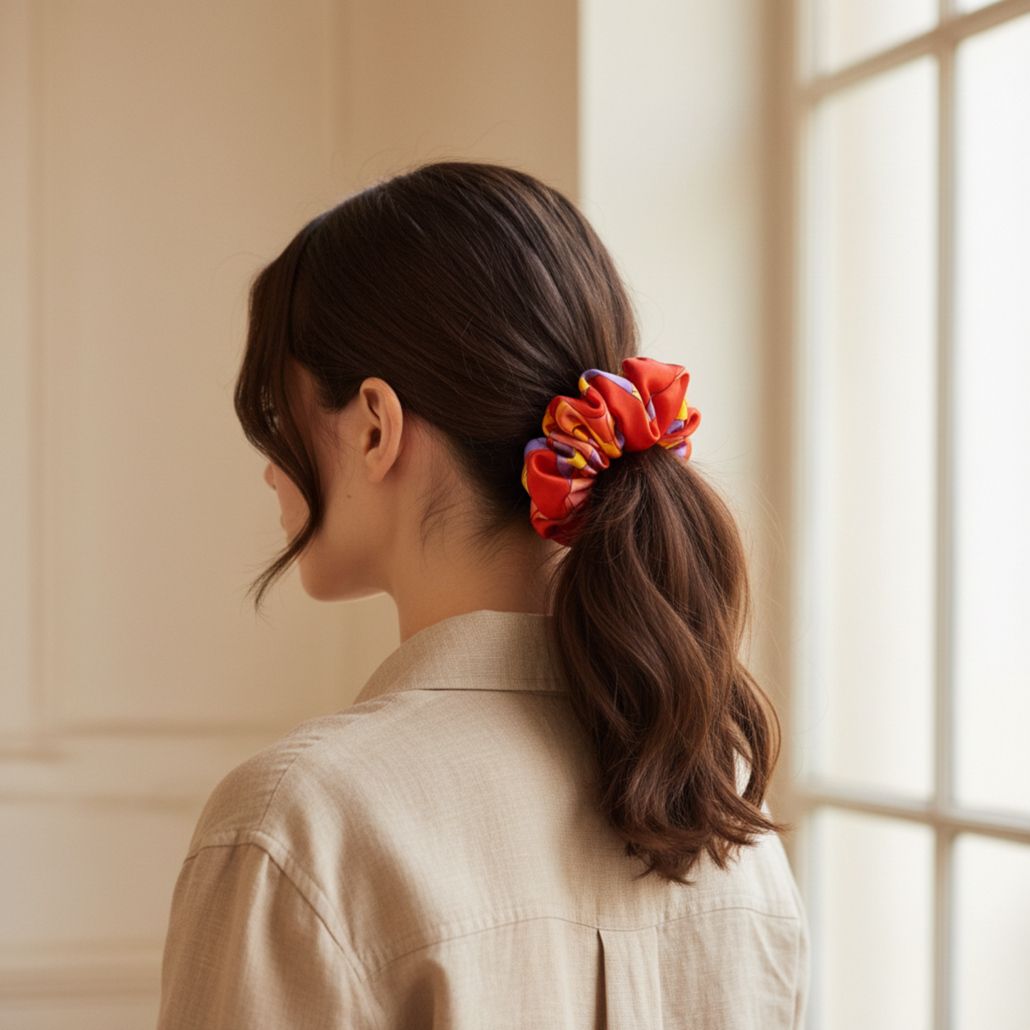 Chou chou Acapulco rouge porté – élastique à cheveux en satin de soie 100%, imprimé rouge, jaune et violet, coiffure chic parisienne – Amour de Pin-up Paris
