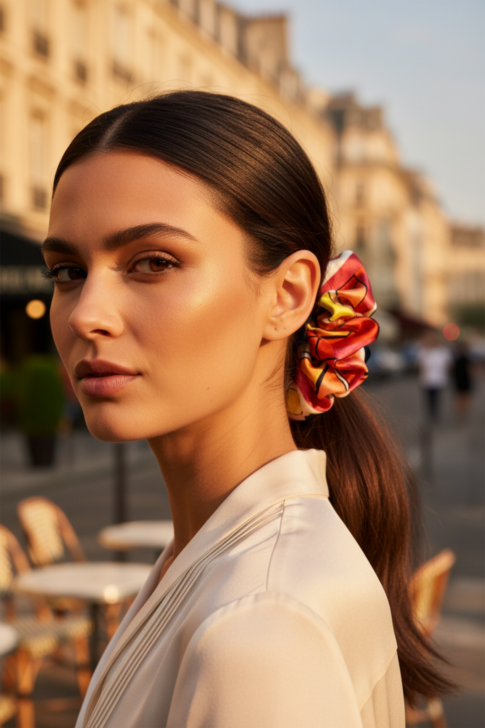 Chou chou Miami rouge – satin de soie 100% imprimé exclusif, porté en queue de cheval, style parisien chic – Amour de Pin-up Paris
