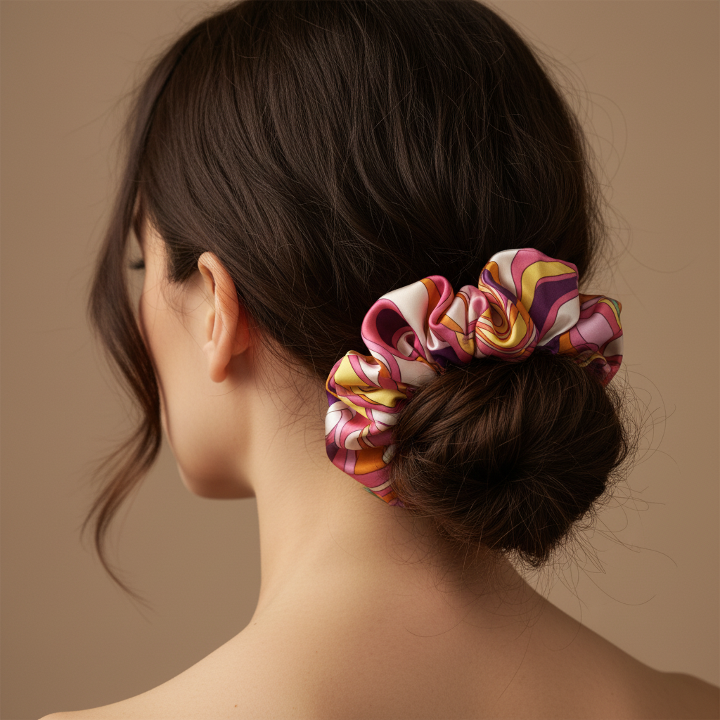 Chou chou Tahiti fushia porté – élastique à cheveux en satin de soie 100%, imprimé exclusif rose, orange et jaune, chignon élégant – Amour de Pin-up Paris
