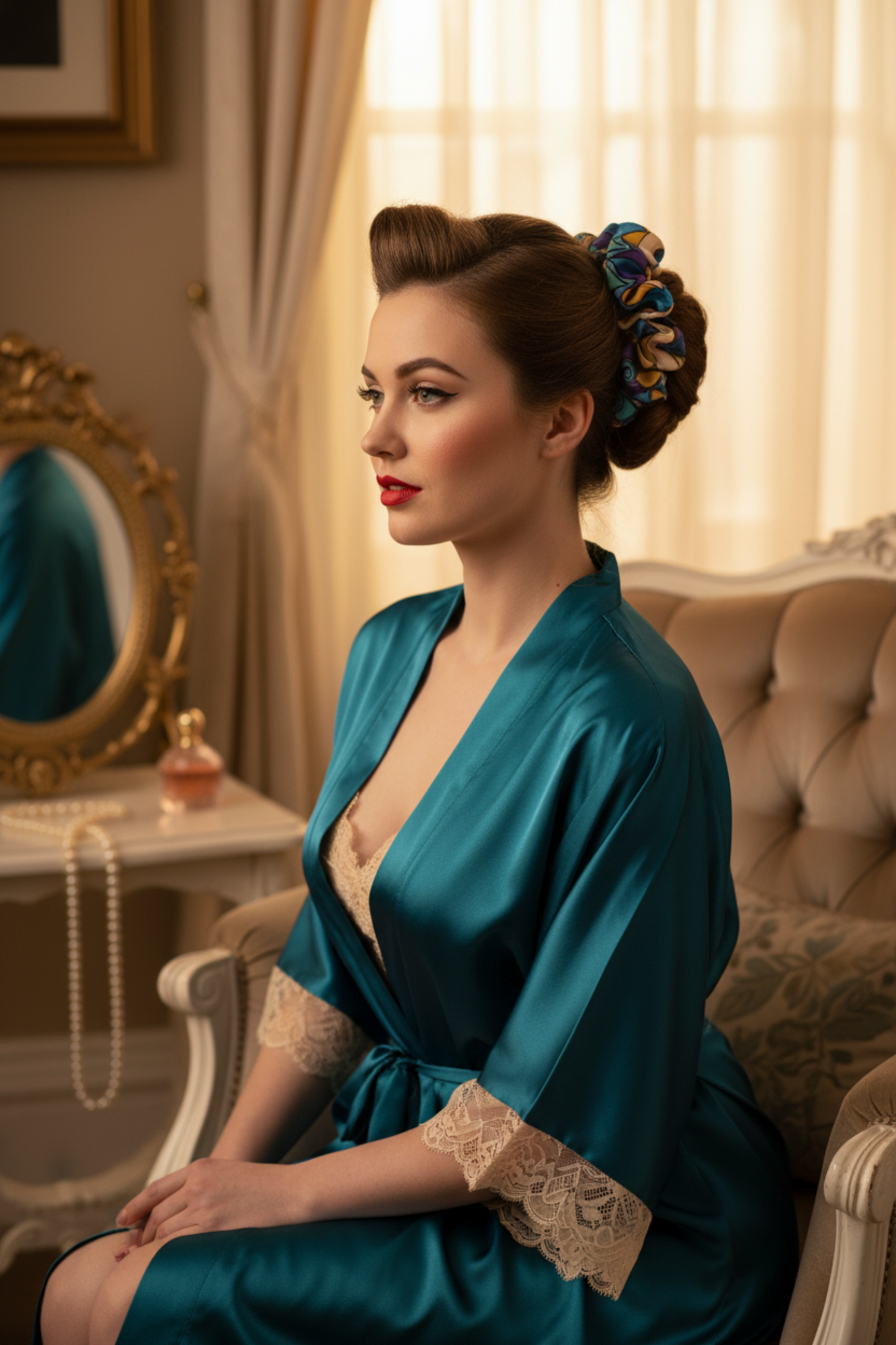 Chou chou Esmeralda porté dans les cheveux – imprimé soie géométrique bleu, violet et or – Amour de Pin-up Paris
