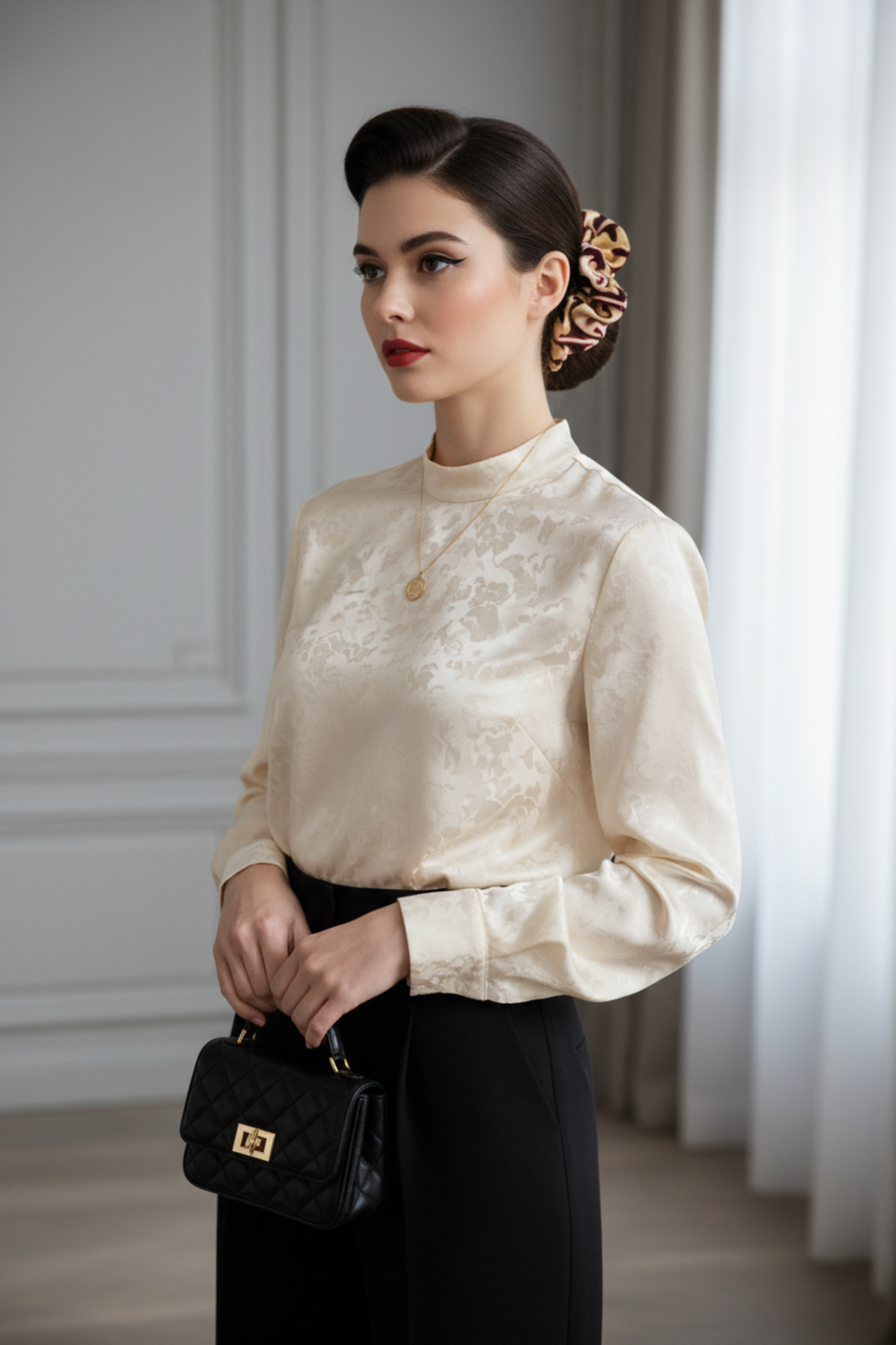 Femme portant un chou chou Hawaï en satin de soie 100% coloris Beige/Noir — Amour de Pin-up Paris
