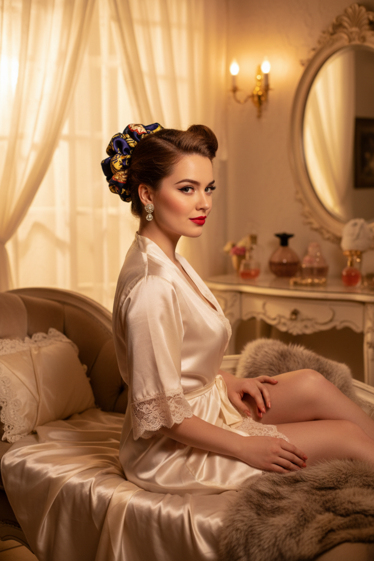 Chou chou Ibiza porté dans les cheveux – imprimé soie navy, jaune et or – Amour de Pin-up Paris

