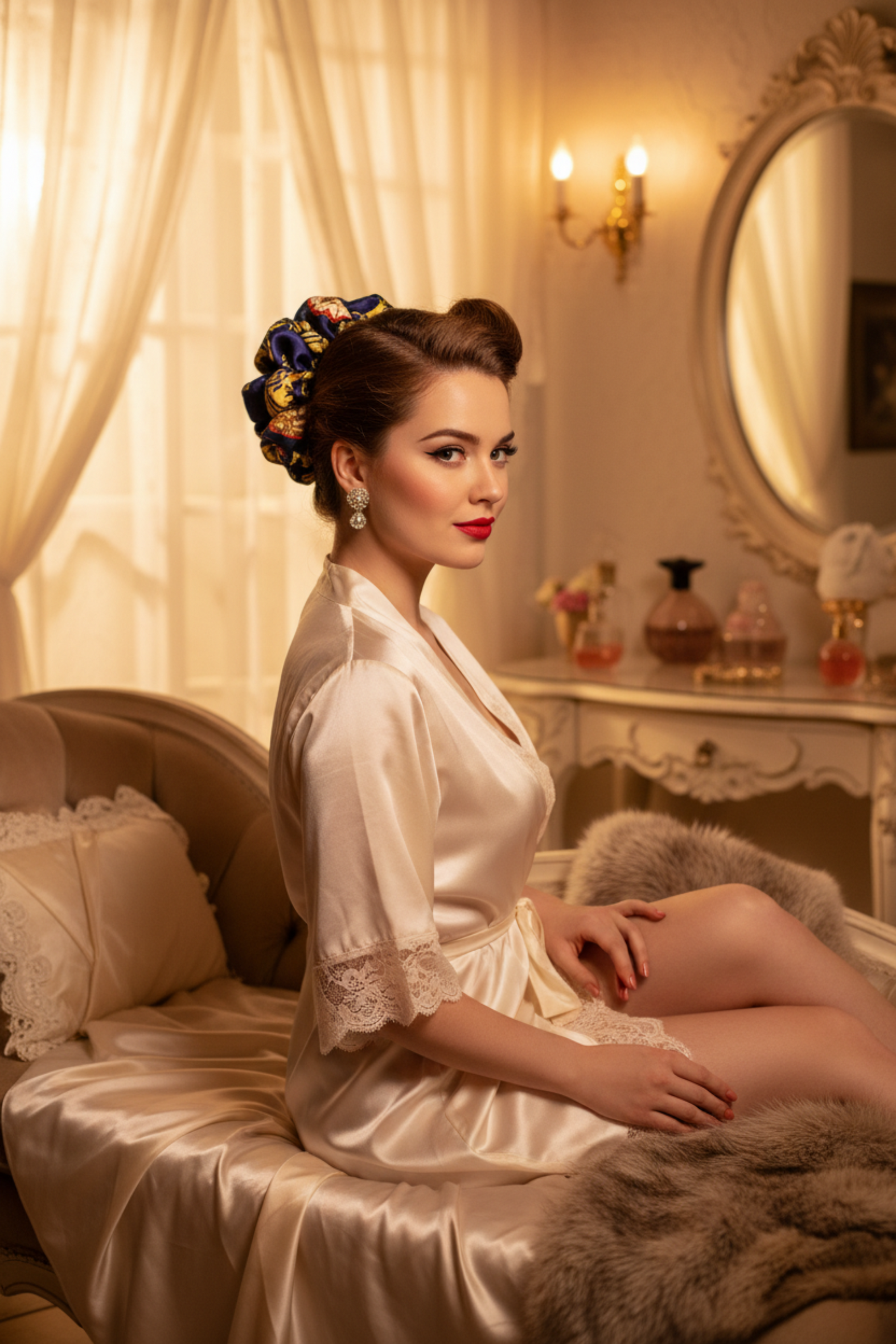 Chou chou Ibiza porté dans les cheveux – imprimé soie navy, jaune et or – Amour de Pin-up Paris
