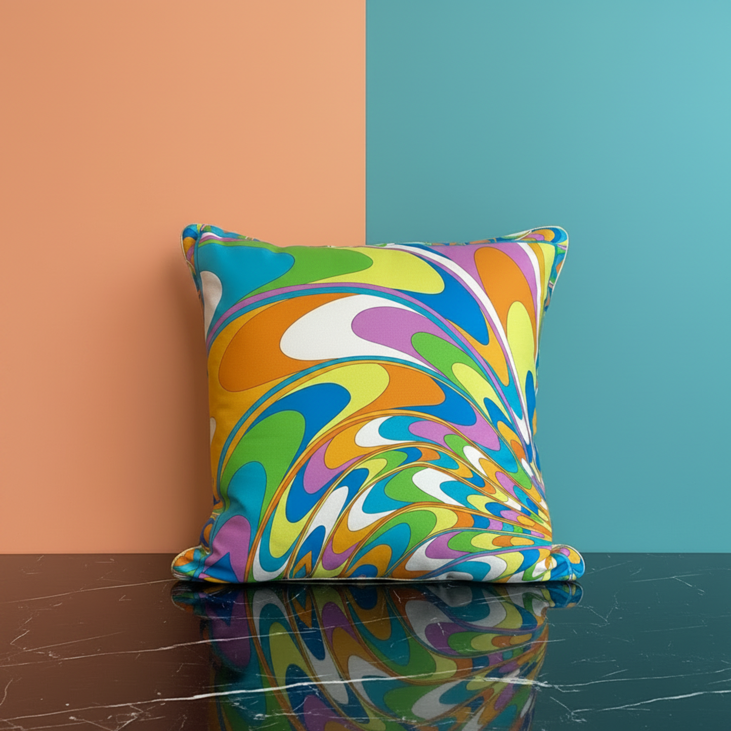 Housse de coussin en soie Aurélis orange – motif marbré psychédélique multicolore, biais en or – Amour de Pin-up Paris