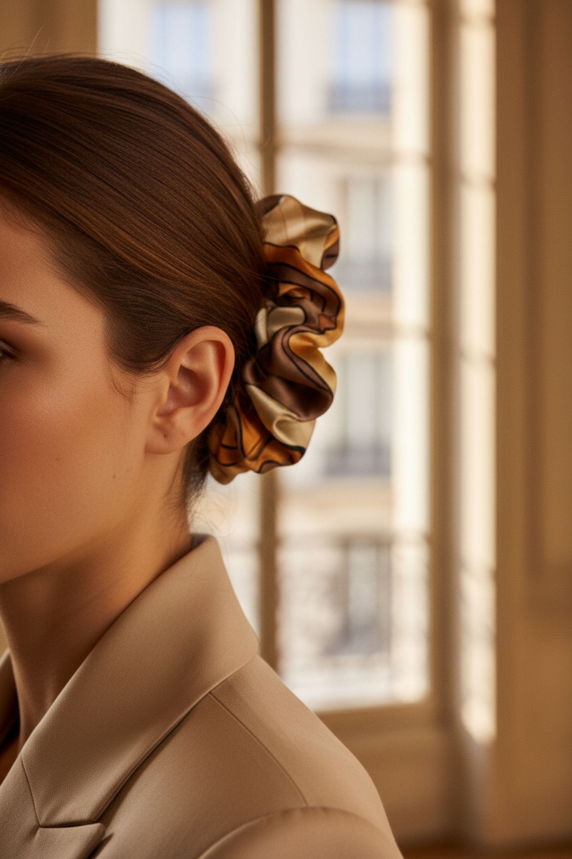 Chou chou Miami jaune – satin de soie 100% imprimé exclusif, porté dans les cheveux, style chic – Amour de Pin-up Paris

