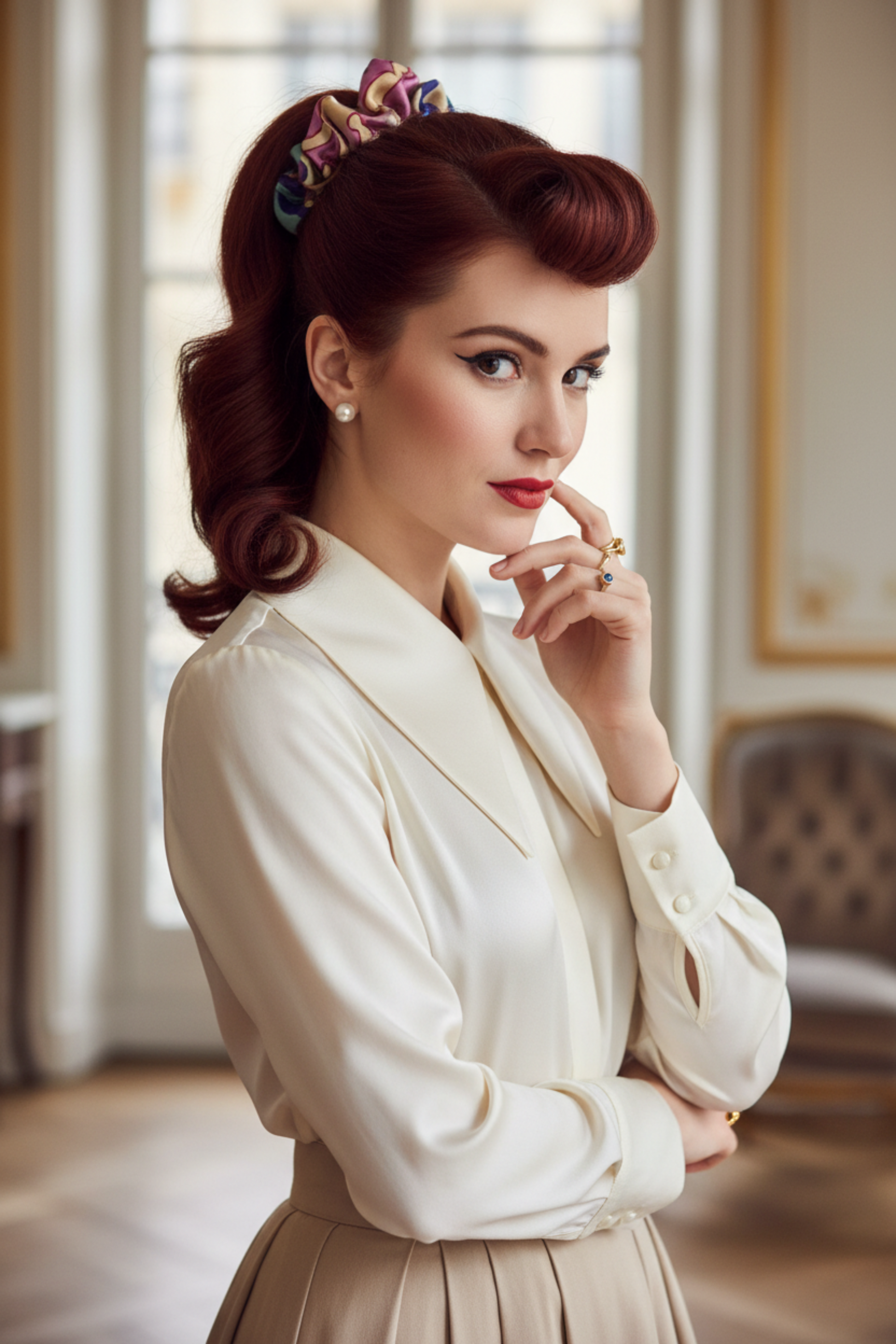 Femme portant un chou chou Hawaï en satin de soie 100% coloris Violet/Beige — Amour de Pin-up Paris
