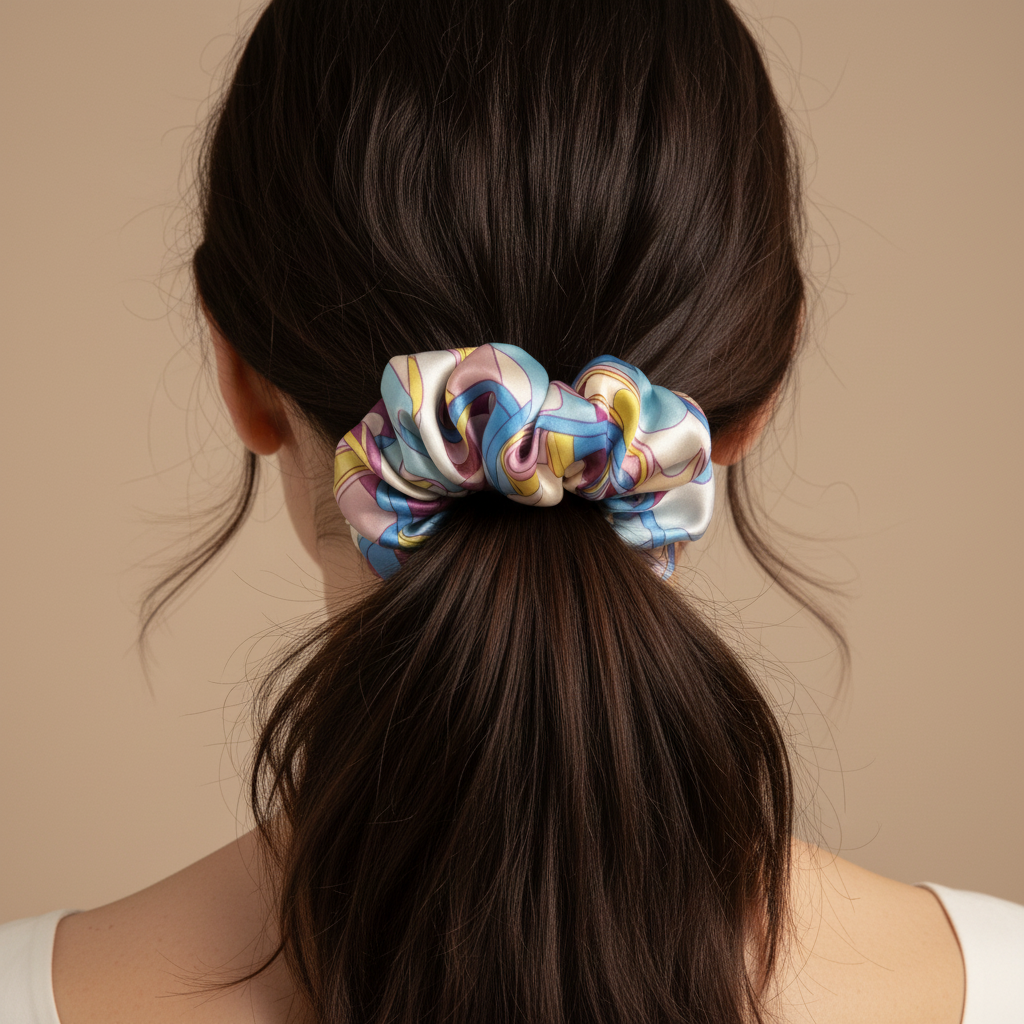 Chou chou Tahiti turquoise porté – élastique à cheveux en satin de soie 100%, imprimé exclusif bleu, violet et jaune, queue de cheval – Amour de Pin-up Paris
