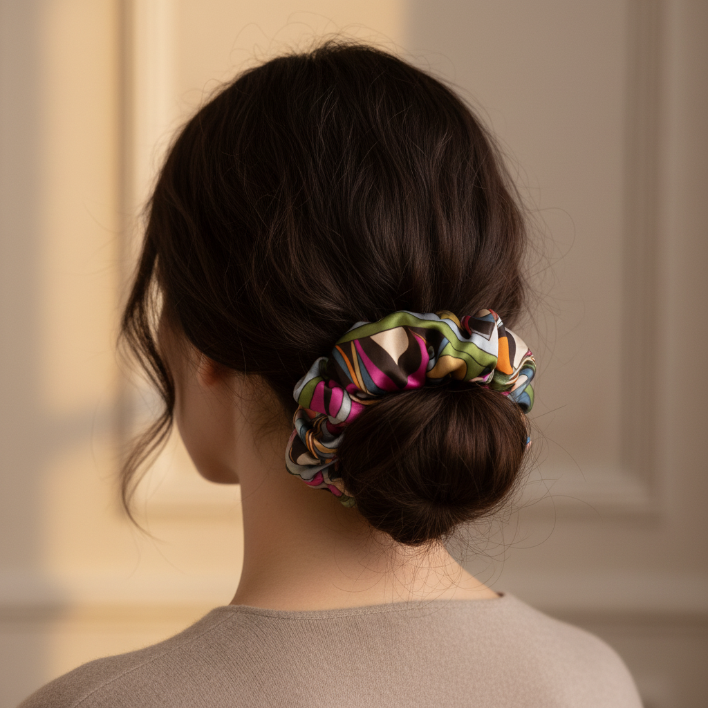 Chou chou Tahiti violet porté – élastique à cheveux en satin de soie 100%, imprimé exclusif bleu, violet et jaune, queue de cheval élégante – Amour de Pin-up Paris
