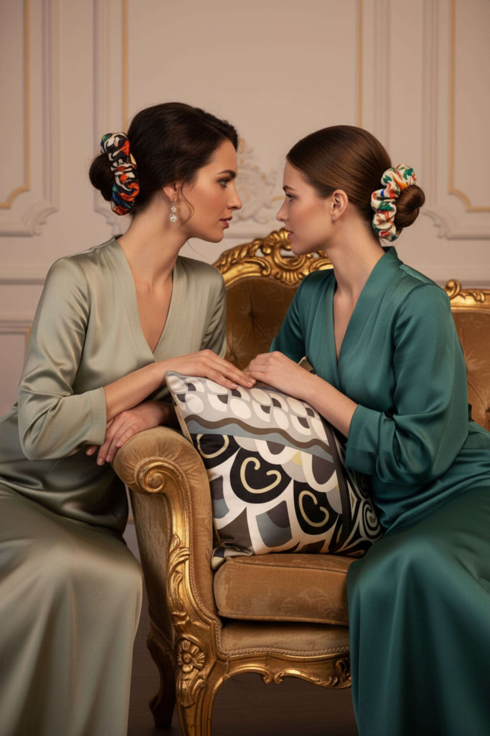 Chou chou Florida – deux femmes élégantes sur fauteuil doré, chouchous ecru et noir en satin de soie 100% portés dans les cheveux – Amour de Pin-up Paris
