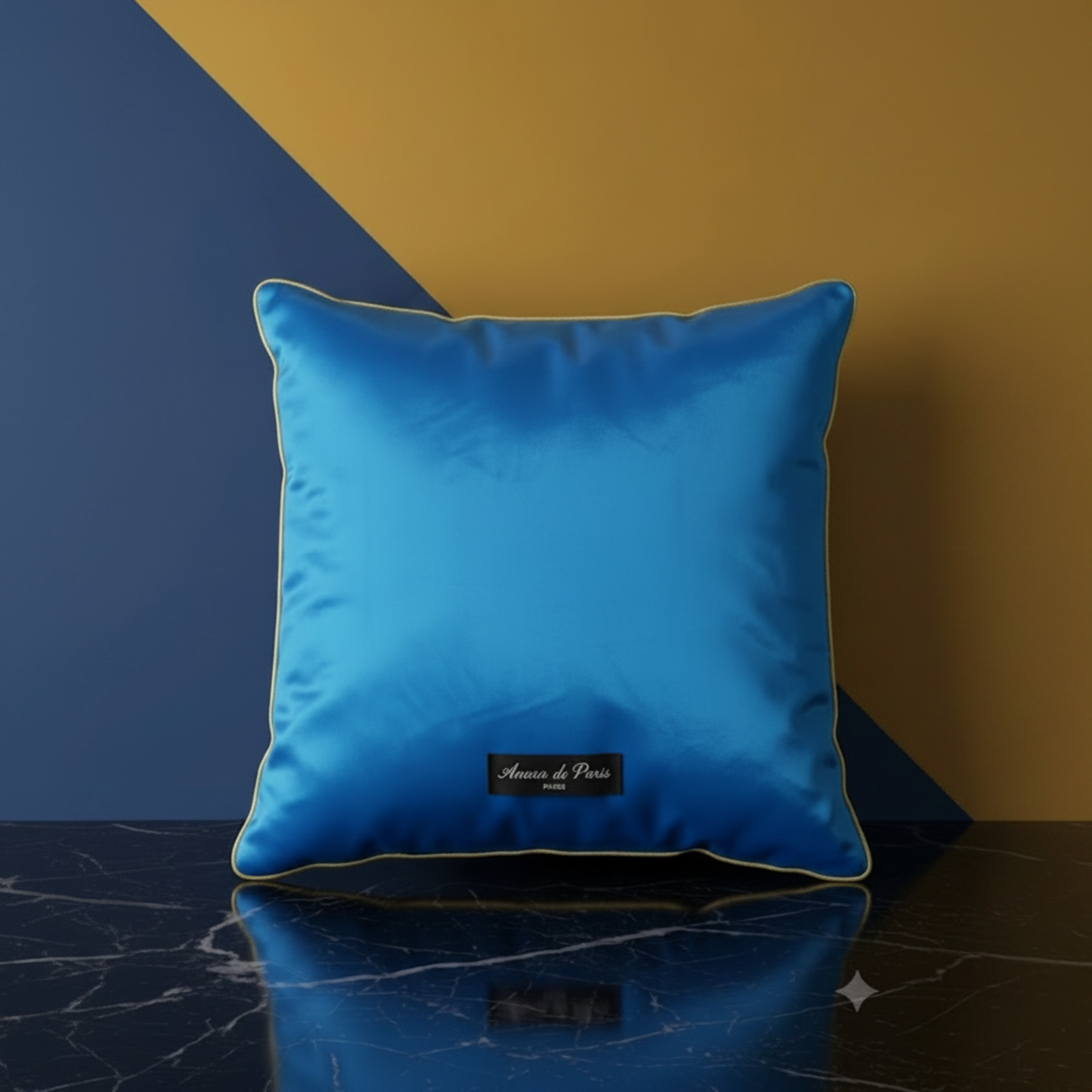 Housse de coussin Trianon – dos en polyester 100% uni bleu, biais en or, 50x50 cm – Amour de Pin-up Paris
