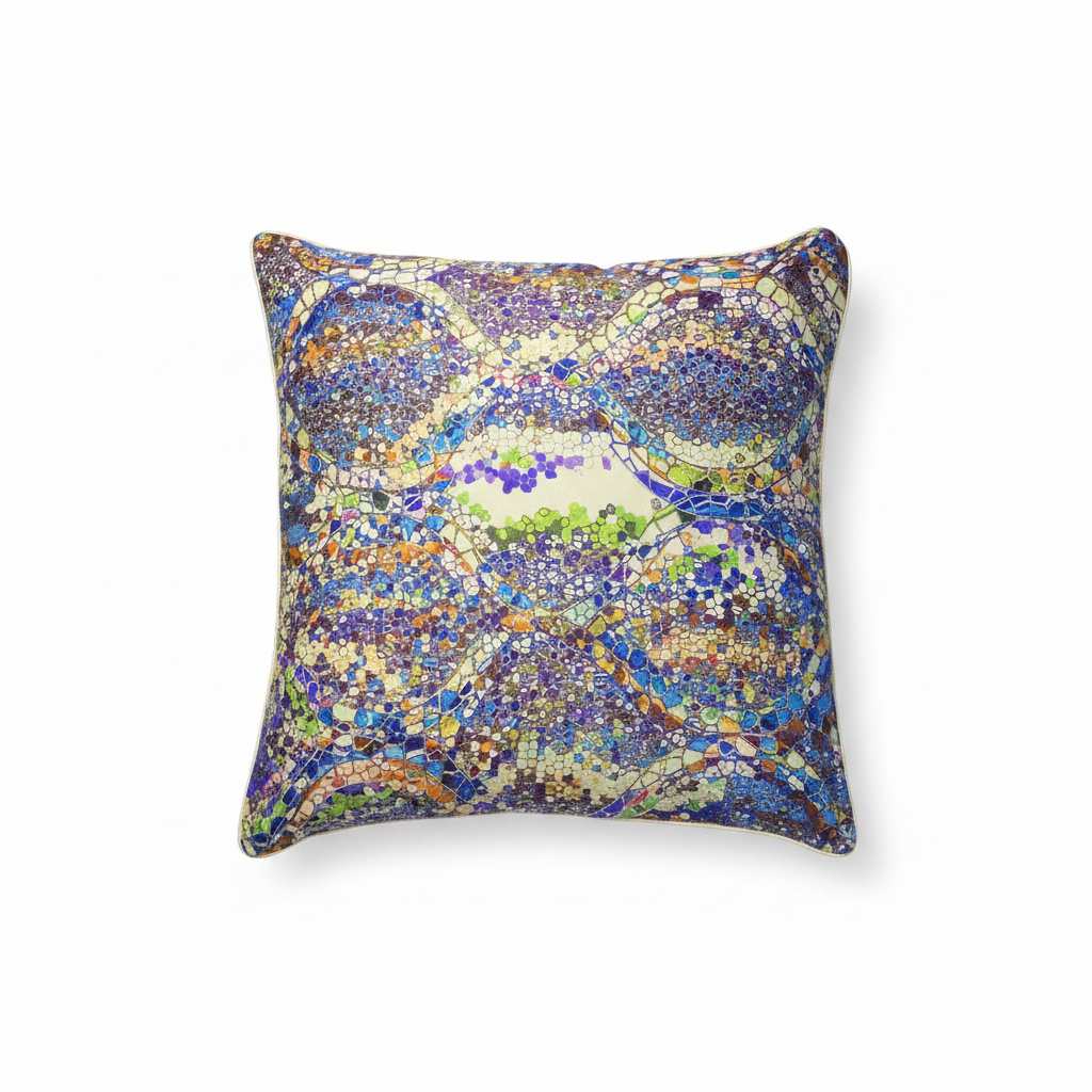 Housse de coussin en soie Régence bleu – motif mosaïque multicolore, fond blanc – Amour de Pin-up Paris