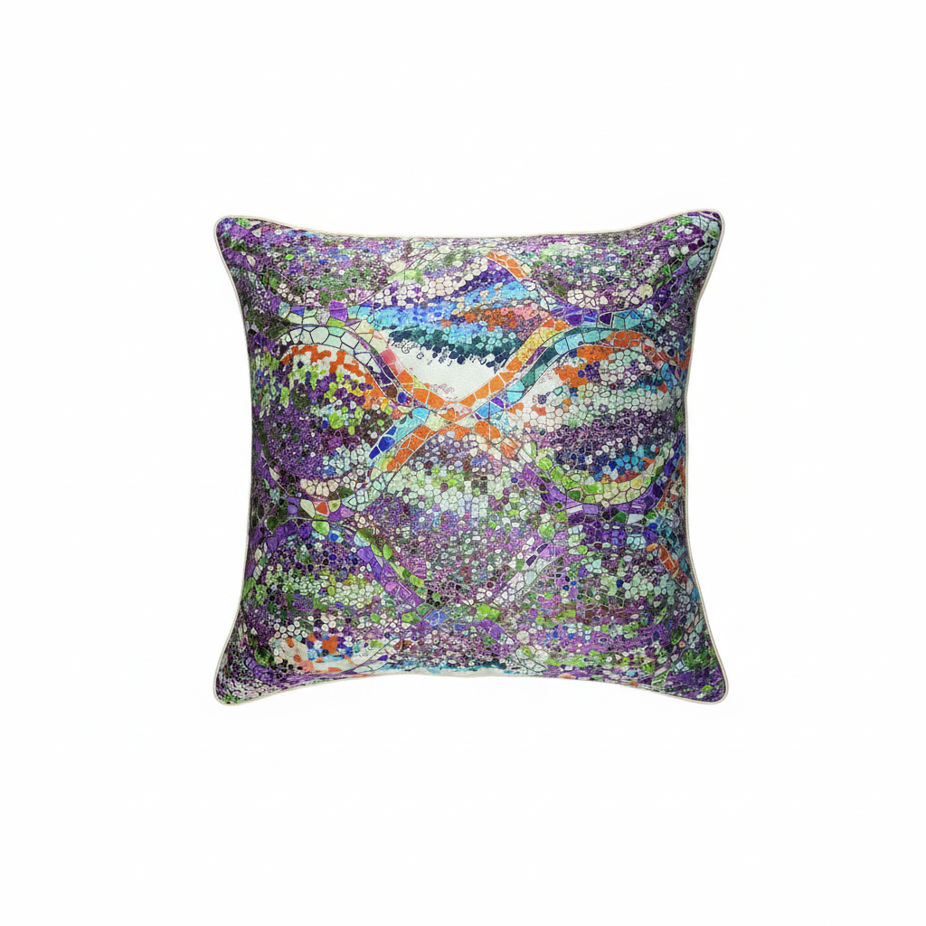 Housse de coussin en soie Régence violet – motif mosaïque multicolore, fond blanc – Amour de Pin-up Paris