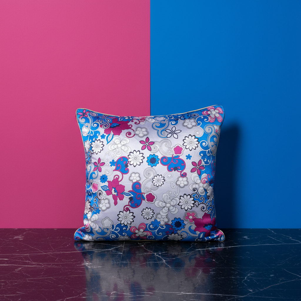 Housse de coussin Aléon – face soie 100% imprimé floral tourbillonnant bleu, rose et blanc, biais en or, 50x50 cm – Amour de Pin-up Paris
