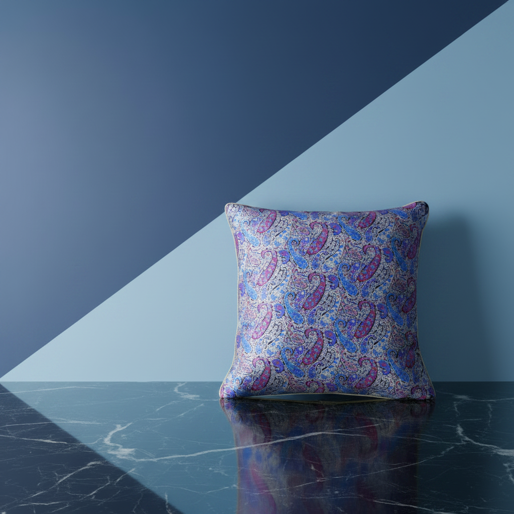 Housse de coussin Fontainebleau – face soie 100% imprimé paisley exclusif tons bleu et violet, biais en or, 50x50 cm – Amour de Pin-up Paris
