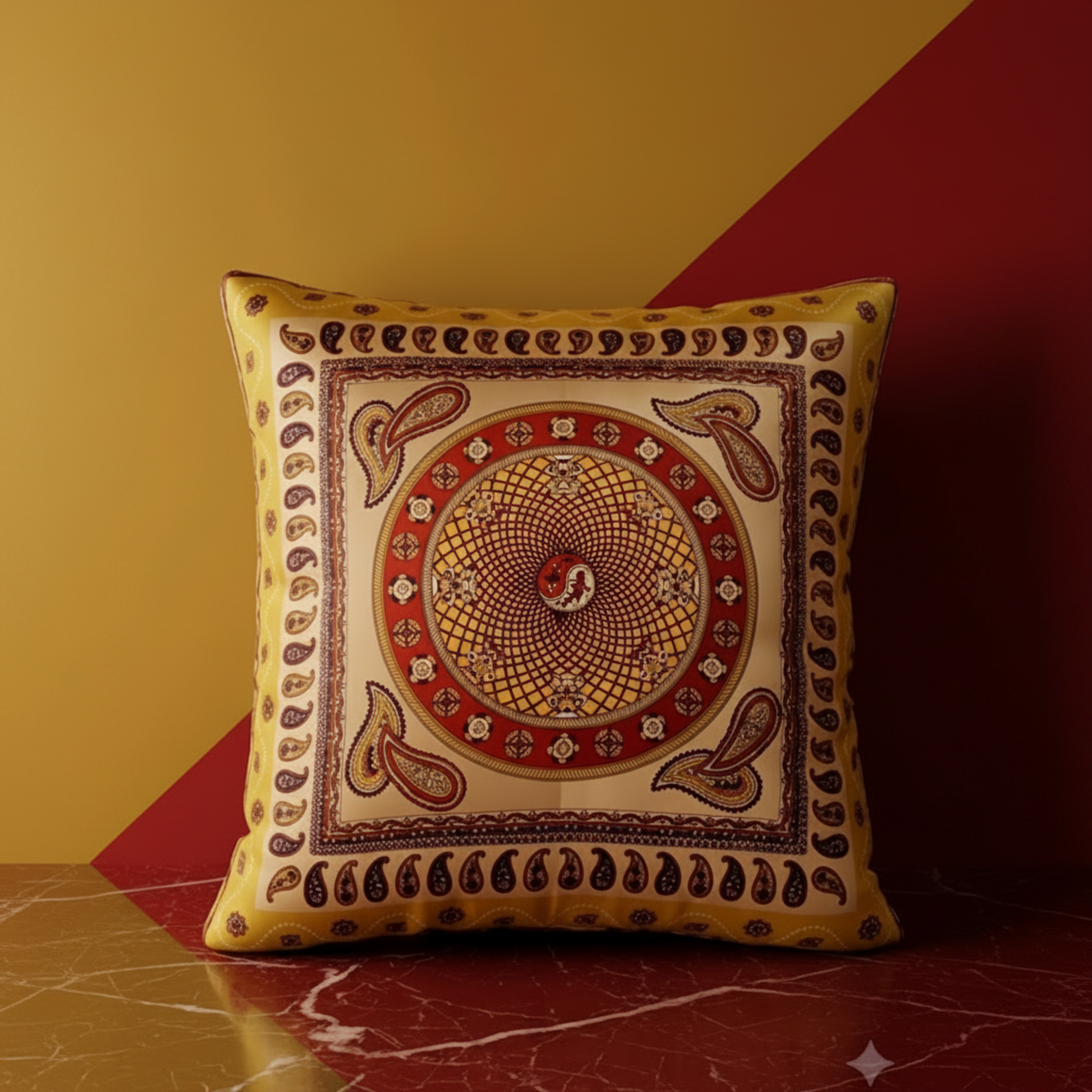 Housse de coussin Bourbon – face soie 100% imprimé médaillon baroque paisley bordeaux et or, biais en or, 50x50 cm – Amour de Pin-up Paris
